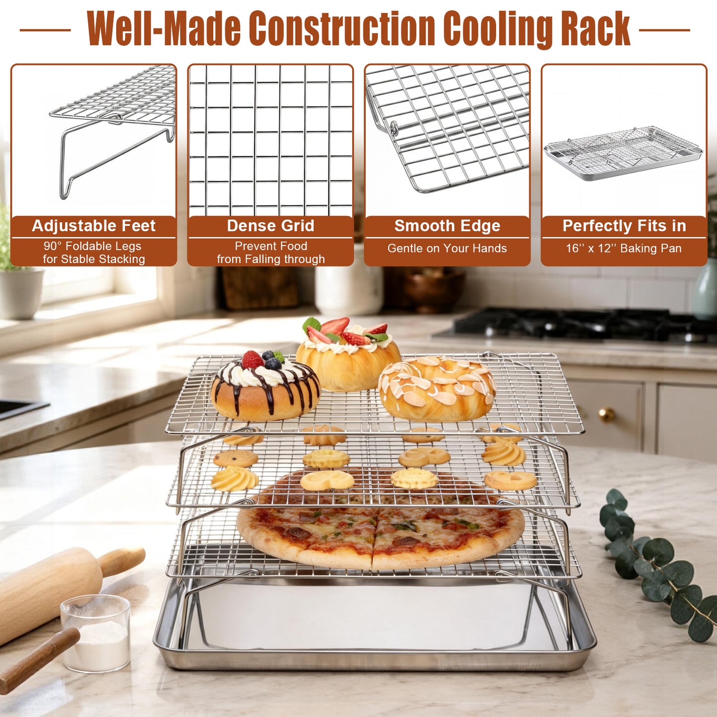 Vesteel 3-Tier Cooling Racks, Stainless Steel Stackable Grid Baking Racks, Collapsible Wire Racks for Cooking Grilling Roasting, Oven & Dishwasher Safe, 15’’ x 10’’