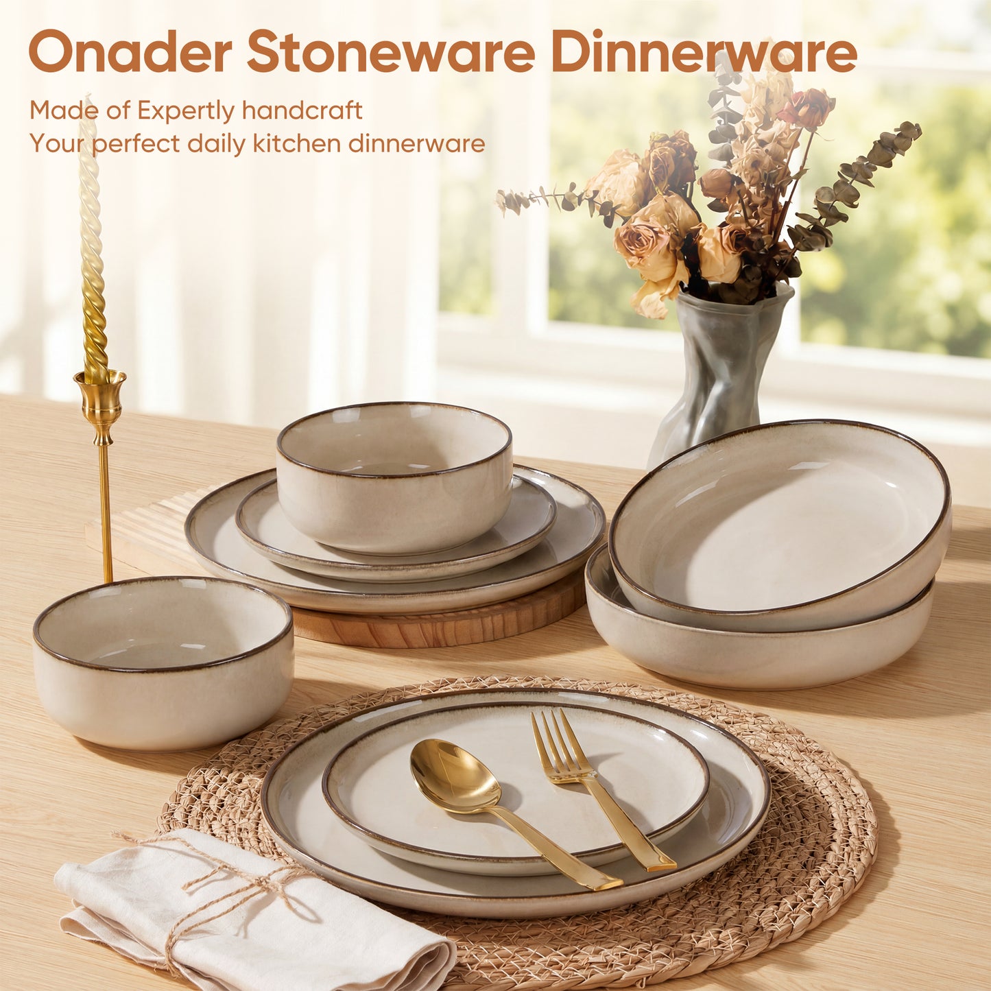 Onader 8-Piece Dinnerware Set, Ceramic Plate and Bowls Set for 2, Double Reactive Glaze Stoneware Dishware for Kitchen Restaurant, Microwave & Dishwasher Safe - Khaki