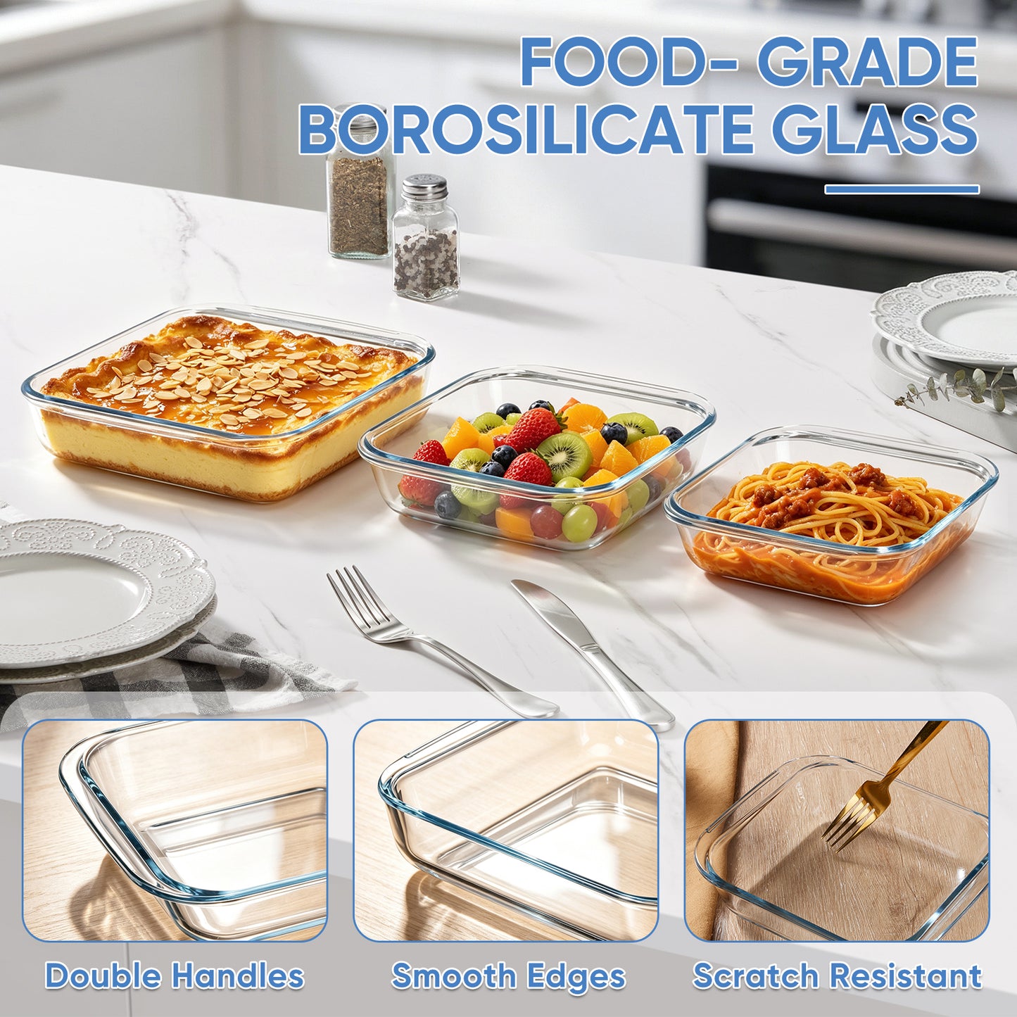Vesteel 3-Piece Glass Baking Dish Set, Square Baking Tray with Handles, Non-Stick Glass Bakeware Set Kitchen Casserole Dishes for Prepping and Baking, Heat-Resistant & Oven Freezer Dishwasher Safe