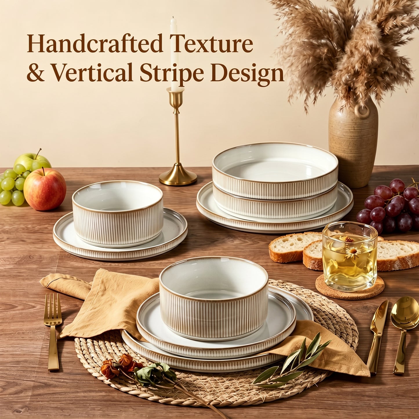 Onader 8-Piece Stoneware Dinnerware Set, Vertical Striped Reactive Glaze Plates and Bowls Sets for the Kitchen, Microwave & Dishwasher Safe, Beige