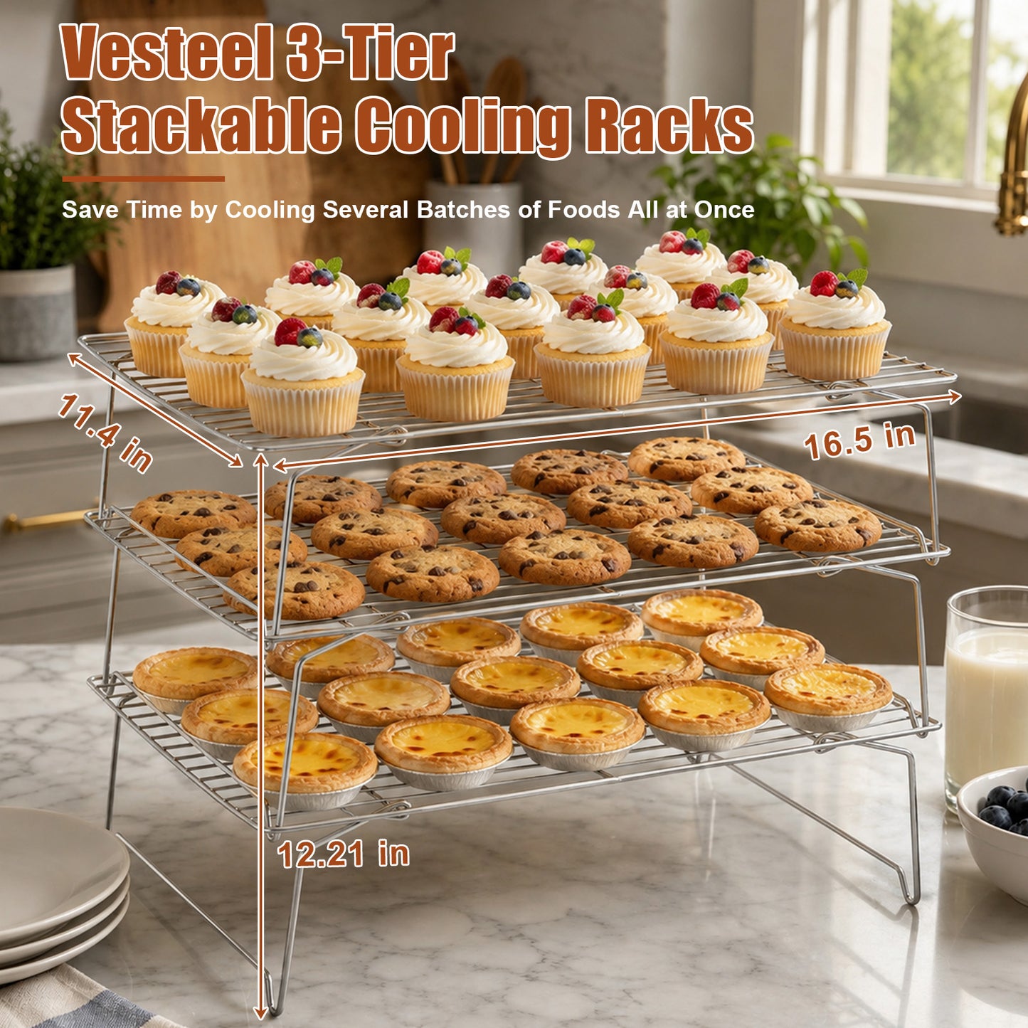 Vesteel 3-Tier Stainless Steel Cooling Racks, Stackable Baking Cooking Racks for Bread Cookie Cakes, Wire Racks with Folding Legs, Oven & Dishwasher Safe, 16.5’’ x 11.4’’