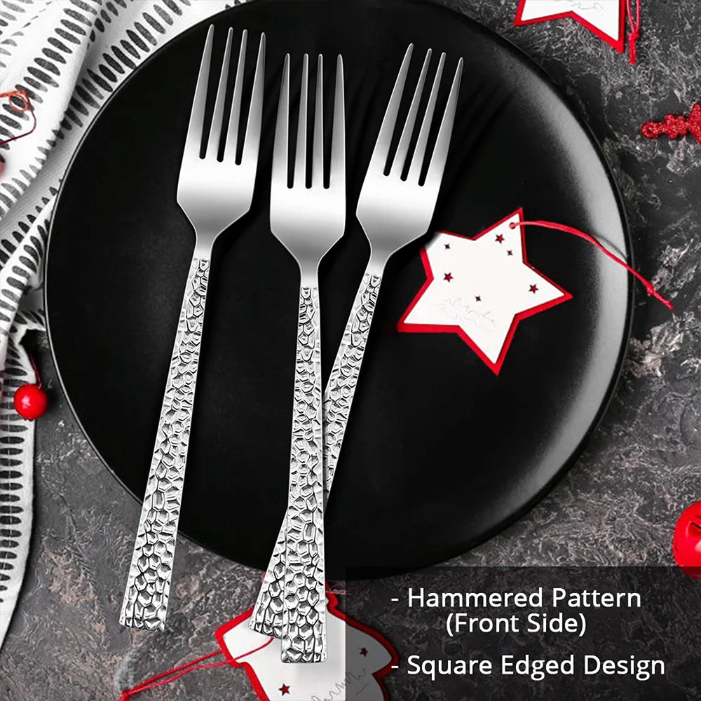 VeSteel 12-Piece Stainless Steel Hammered Dinner Forks Set, Salad Flatware Forks for Home - 7.9 inches