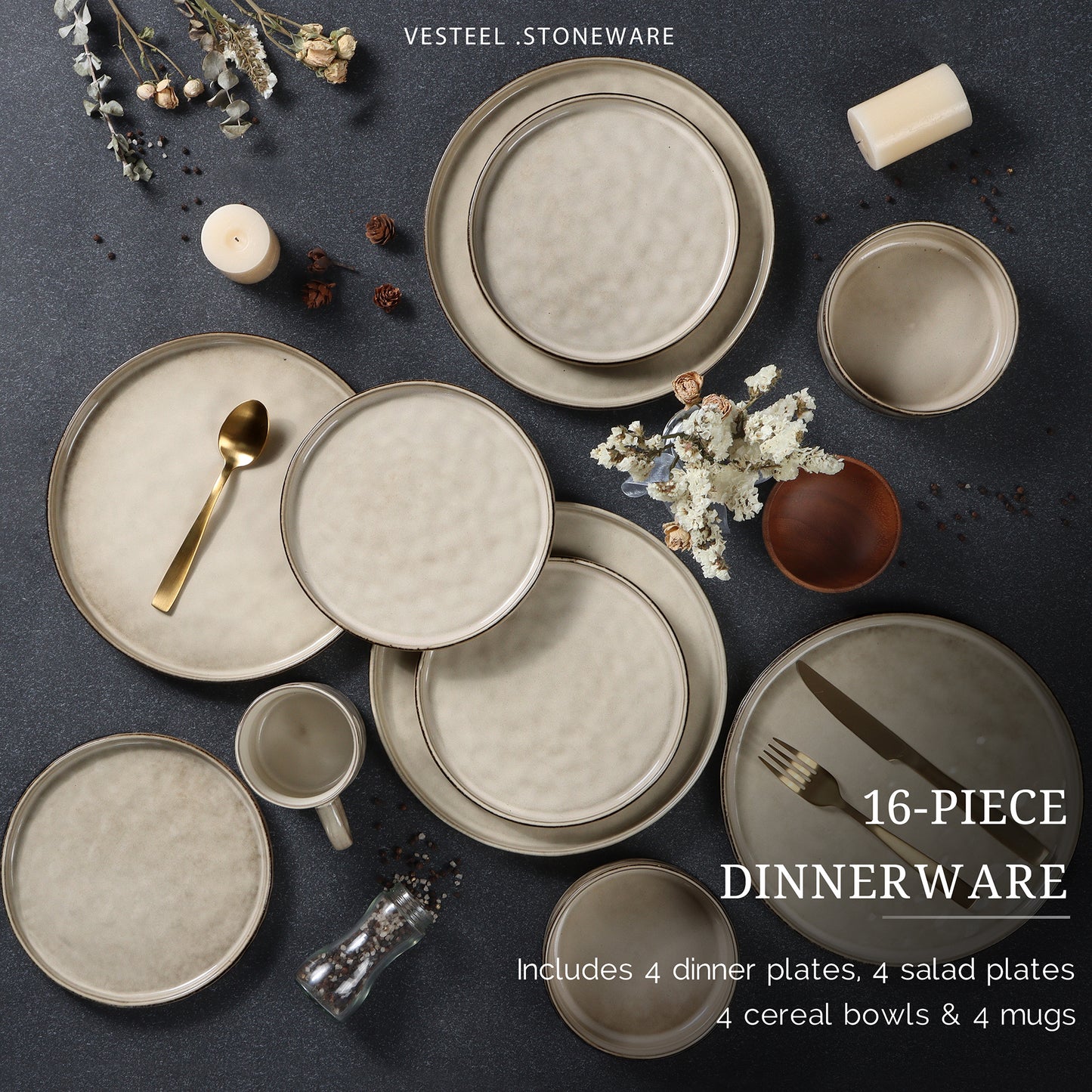 Vesteel 16-Piece Dinnerware Sets, Stoneware Dish and Bowls Set for 4, Handmade Reactive Glaze Coupe Plates Set, Chip & Scratch Resistant - Khaki
