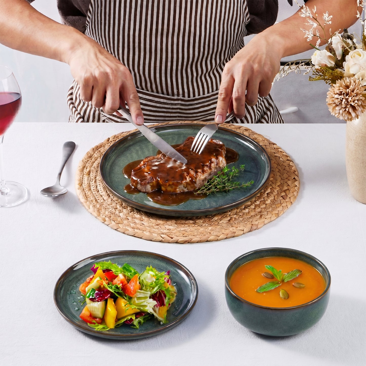 Onader 12 Piece Dinnerware Sets, Plates and Bowls Set for 4, Handmade Stoneware Dishes Sets for Home Restaurant, Dishwasher & Microwave Safe - Blackish Green