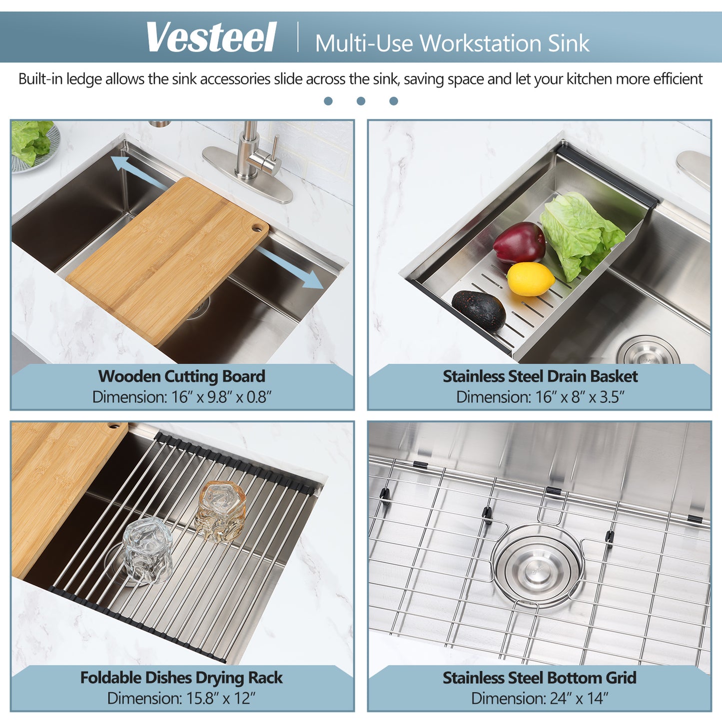 Vesteel 27” x 18” Kitchen Sink, Stainless Steel Undermount Sink for Kitchen Single Bowl Workstation Sink, 4 Sink Accessories Include