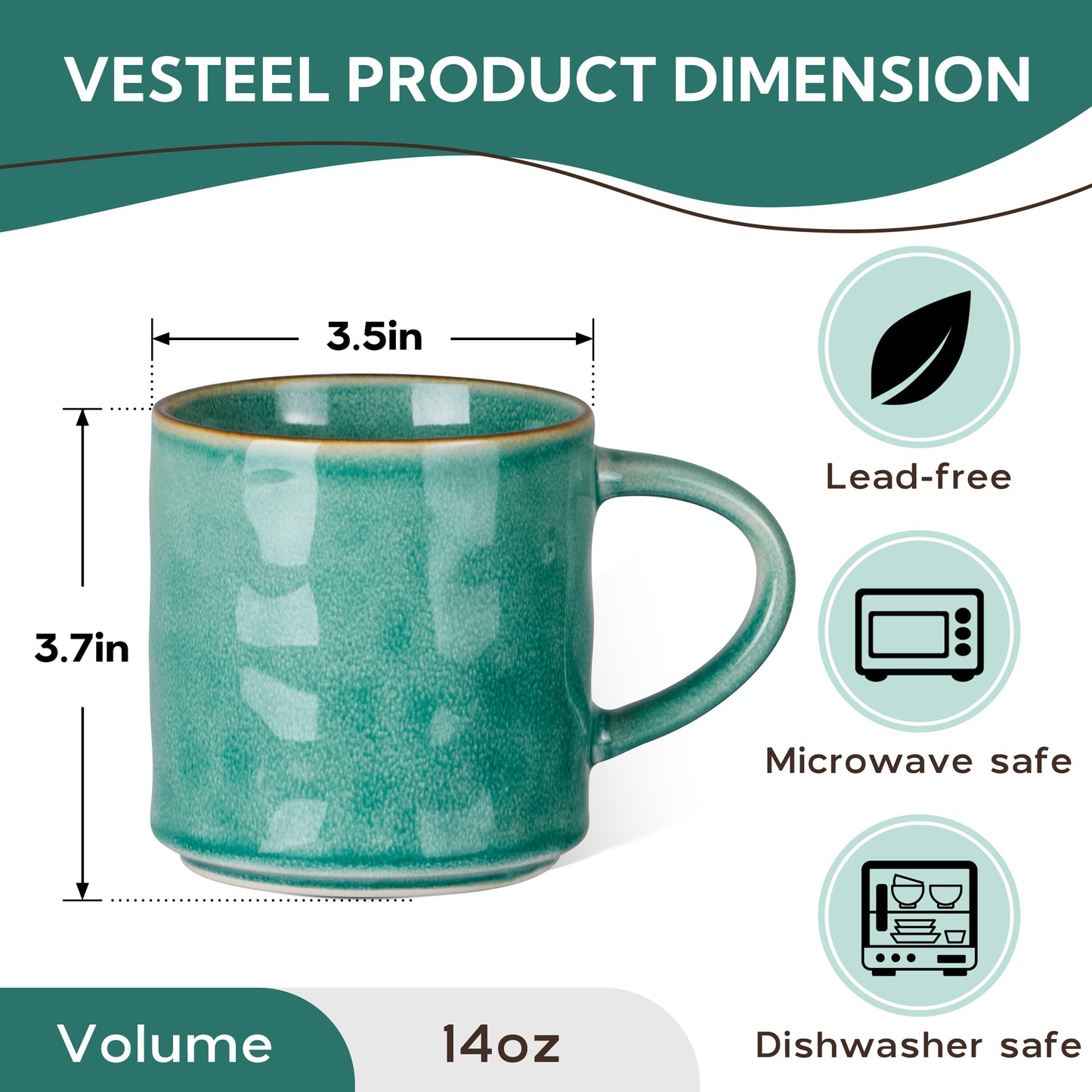 Vesteel Coffee Cups Set of 4, 14oz Ceramic Mugs Set with Handles, Porcelain Mug for Latte Tea Beer Hot Cocoa, Dishwasher & Microwave Safe, Jade Green