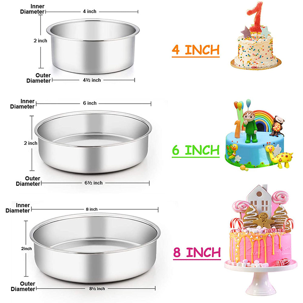 Vesteel Stainless Steel Cake Pan Set of 3 (4/6/8 inch), Small Medium Round Layer Cake Baking Pans for Tier Smash Cake