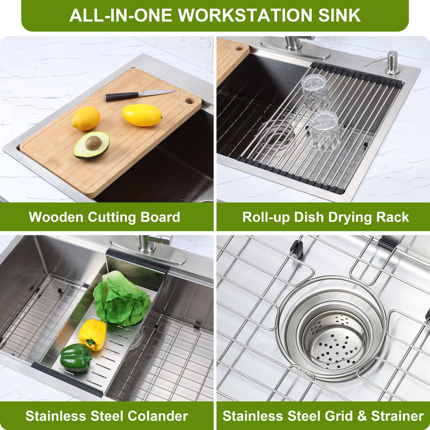 Vesteel Workstation Kitchen Sink, 33” x 22” Drop In Stainless Steel Single Bowl Sink Basin, Topmount Sink include 4 Sink Accessories