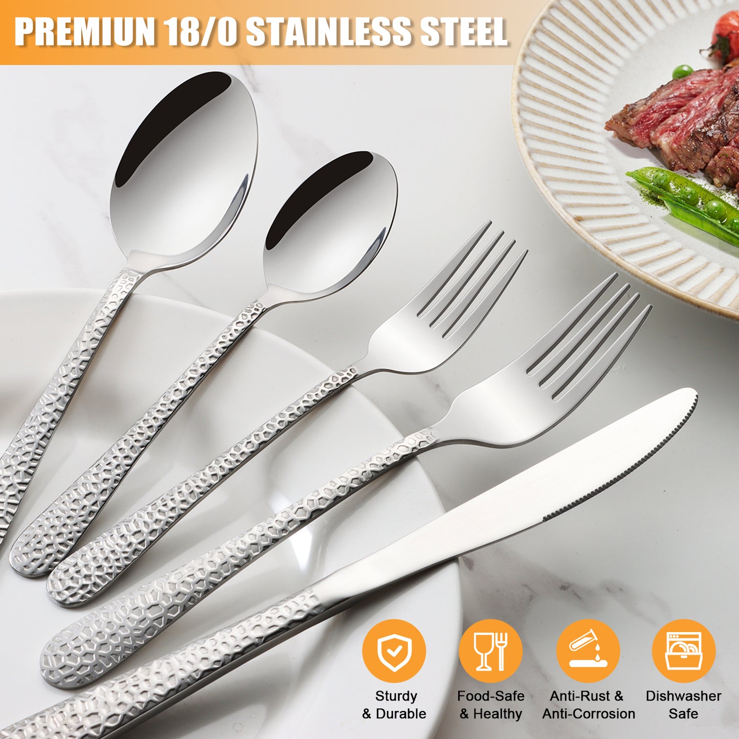 Vesteel 65 Piece Hammered Silverware Set with Serving Utensils, Stainless Steel Flatware Cutlery Set for 12, Heavy Duty Eating Utensils Tableware, Mirror Polished & Dishwasher Safe