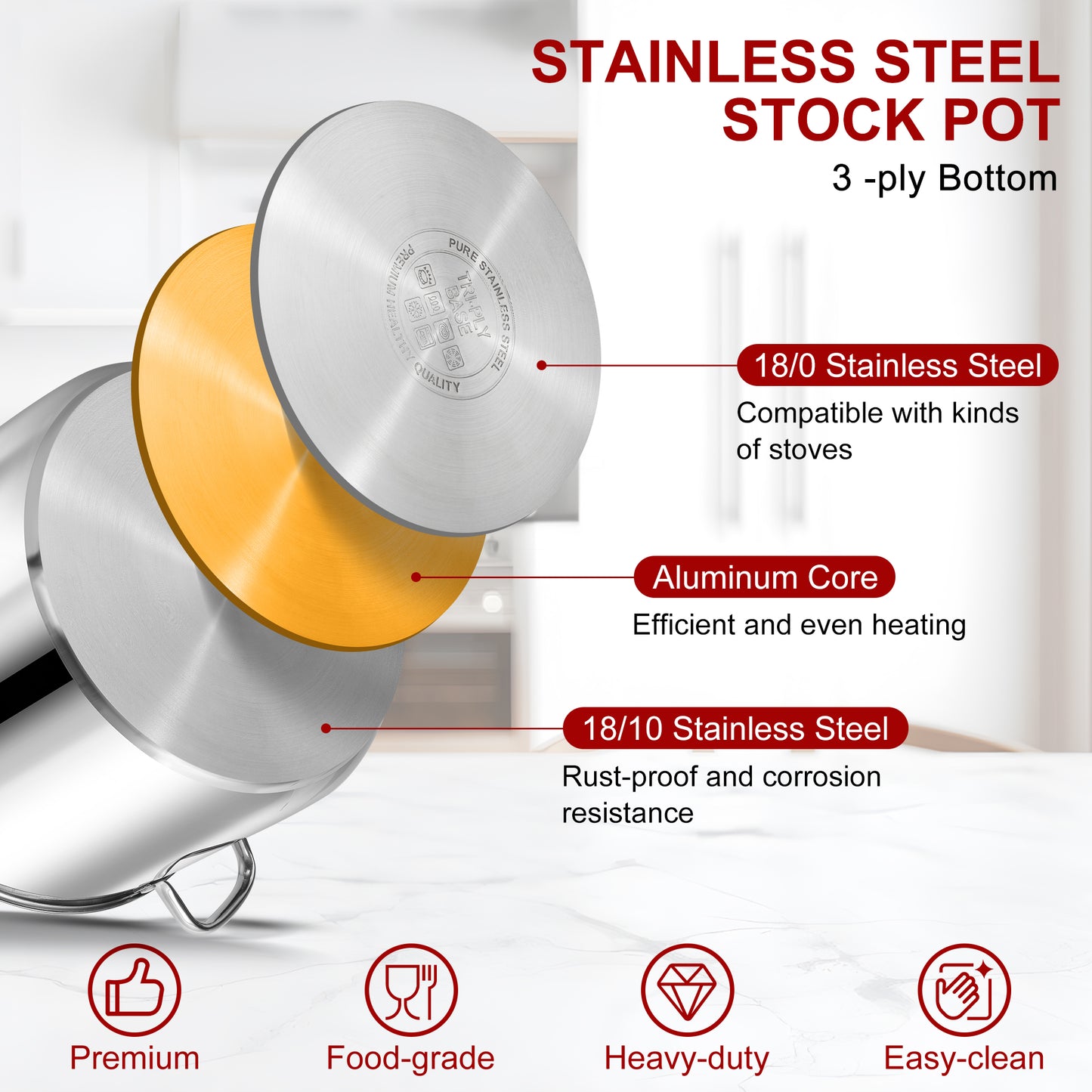 Vesteel 24 QT Stock Pot with Lid, Stainless Steel Large Cookware for Stewing Simmering, Tri-ply Bottom for Induction Gas Electric Stove, Heavy Duty & Food Grade