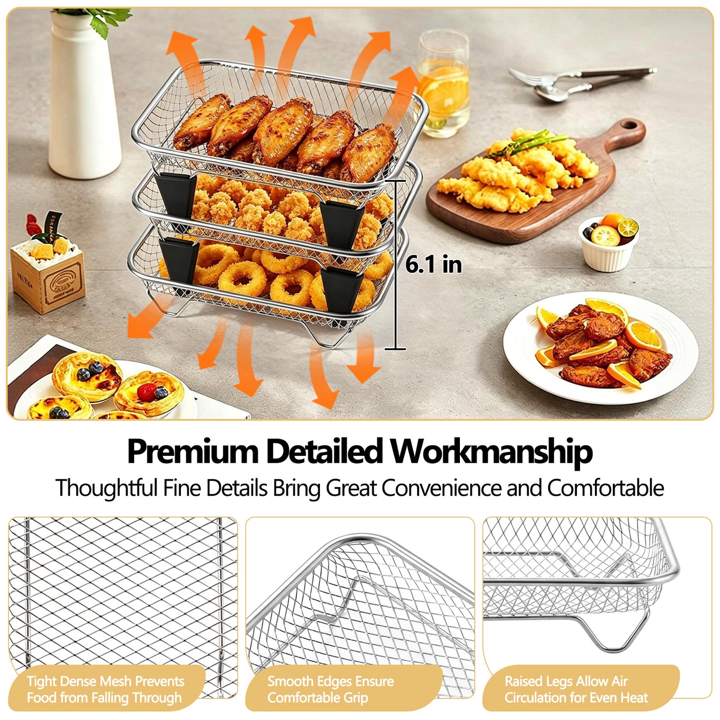 Vesteel Stainless Steel Air Fryer Racks, 3-Layer 7.7’’ x 5.3” Frying Basket Accessories, Stackable Rectangular Dehydrator Racks for Baking Roasting, Includes Silicon Feet & Clip, Dishwasher Safe