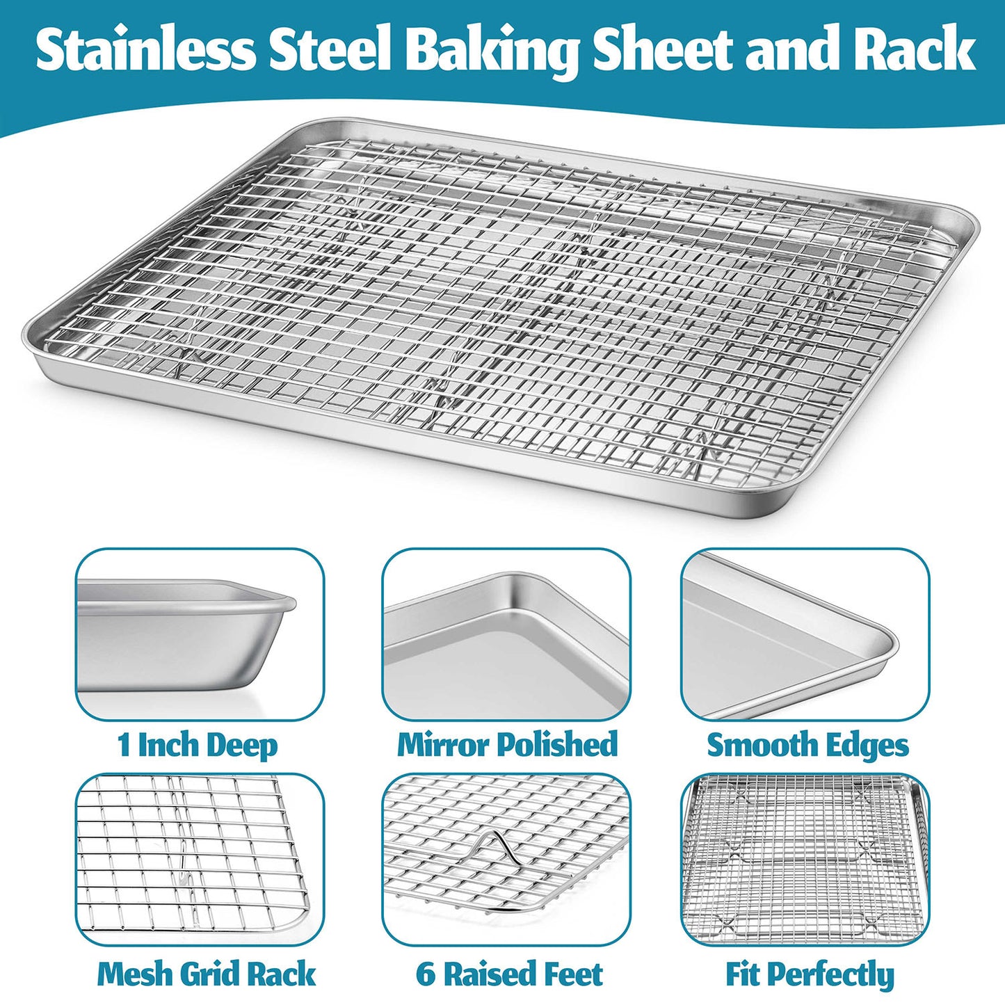 Vesteel Baking Sheet and Rack Set, Stainless Steel Extra Large Rectangle Baking Cookie Sheet Oven Tray and Cooling Grid Rack - 17.7" x 13" x 1"