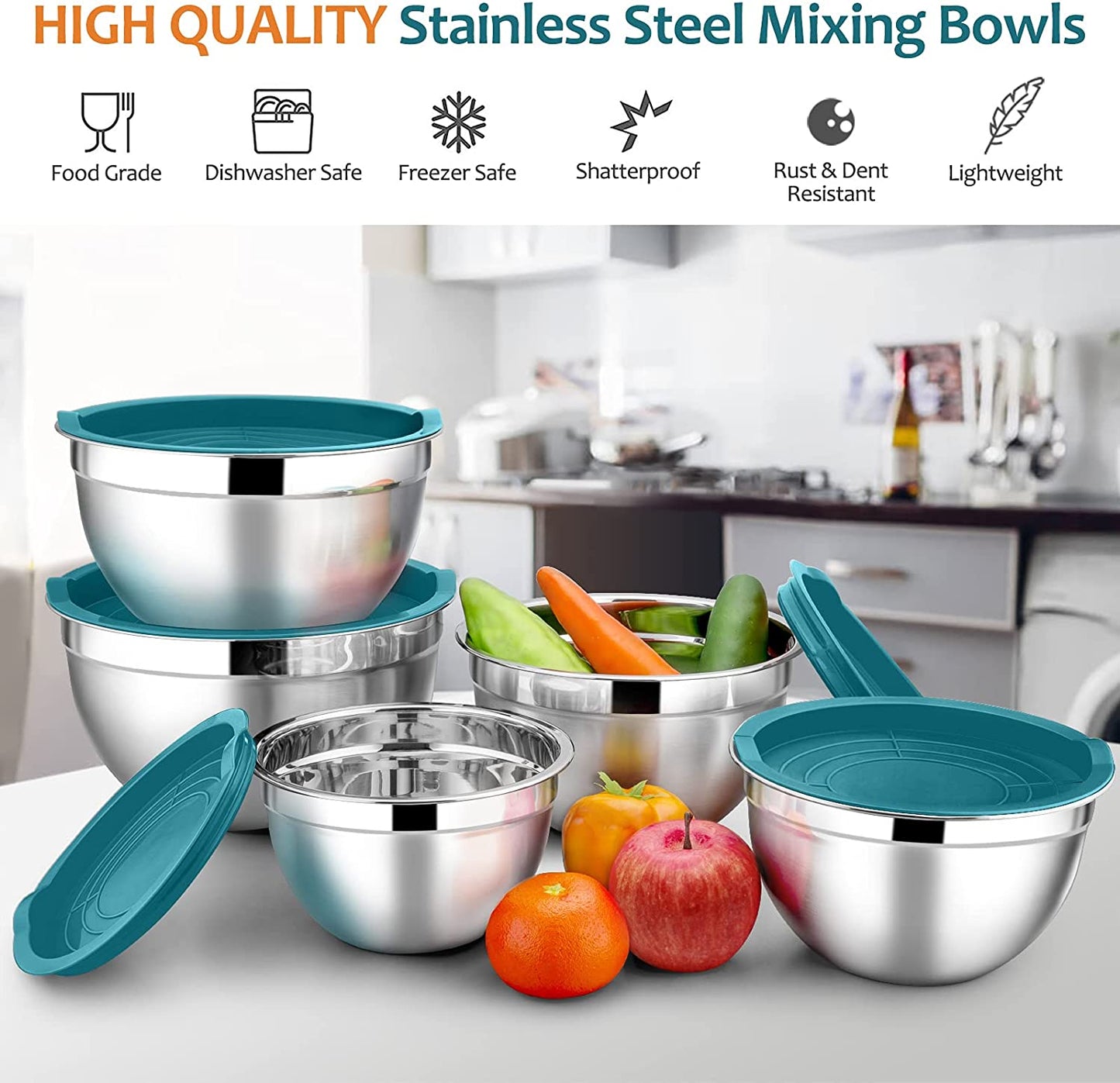 Mixing Bowls with Lids Set of 5, Vesteel Stainless Steel Mixing Bowls Metal Nesting Salad Bowls, Size 4.5, 3, 1.5, 1, 0.7 QT Great for Cooking, Baking, Serving - Blue
