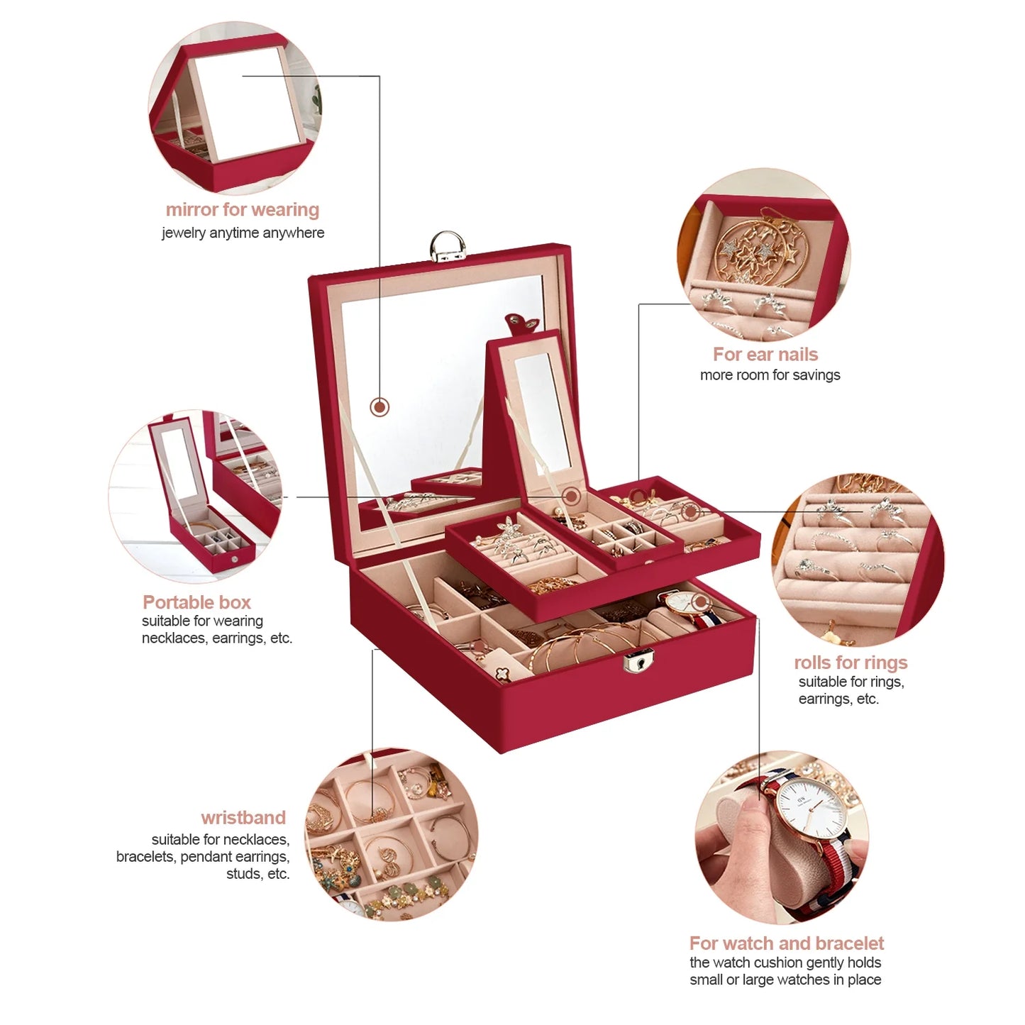 Vesteel Jewelry Box, 2-Layer Jewelry Storage Organizer with Built-in Mirror, Lockable Jewelry Case for Women Girl - Red