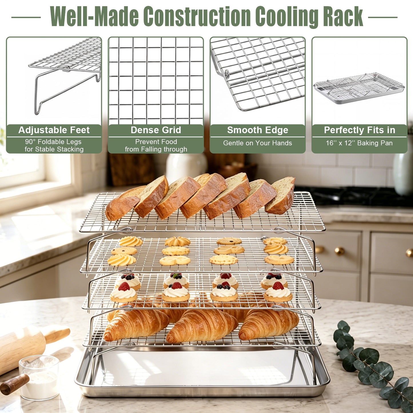 Vesteel 4-Tier Cooling Racks, Stainless Steel Stackable Grid Baking Racks, Collapsible Wire Racks for Cooking Grilling Roasting, Oven & Dishwasher Safe, 15’’ x 10’’