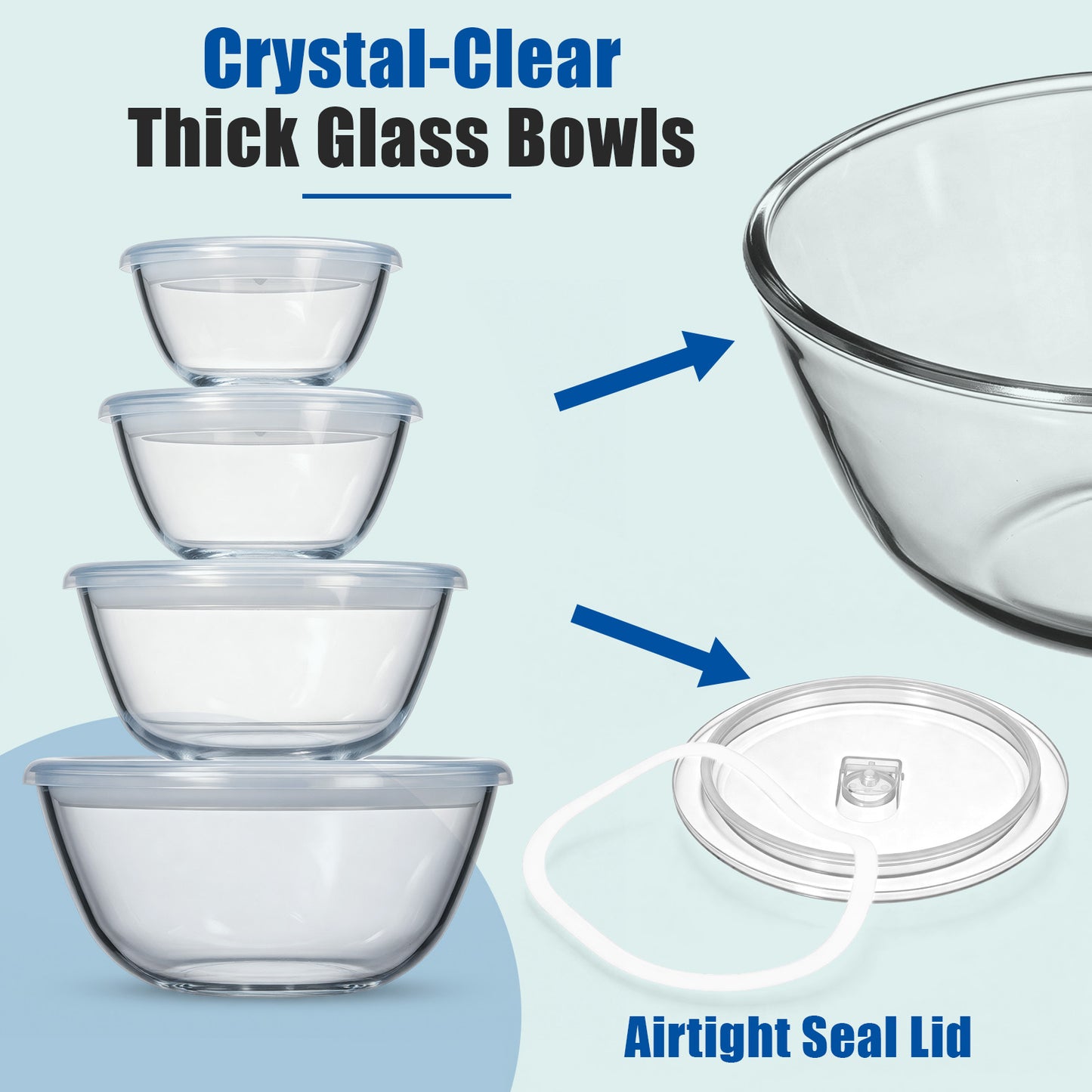Vesteel 4Pcs Glass Mixing Bowls with Lids Set (0.5/0.8QT/1.7/2.9QT), Nesting Kitchen Salad Bowls with Airtight Vent Lid for Cooking Baking Prepping, Dishwasher, Microwave & Freezer Safe
