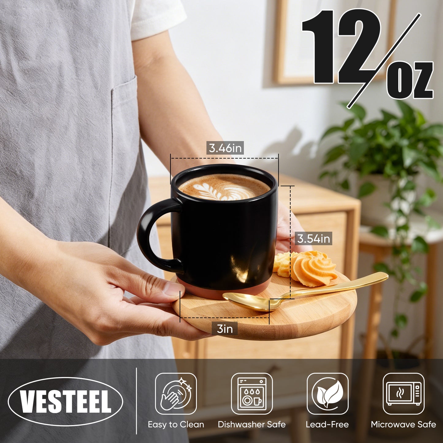 Vesteel Coffee Mugs Set of 4, 12oz Ceramic Coffee Cup with Handle, Modern Stoneware Mugs for Latte, Cappuccino, Cocoa, Dishwasher & Microwave Safe, Matte Black