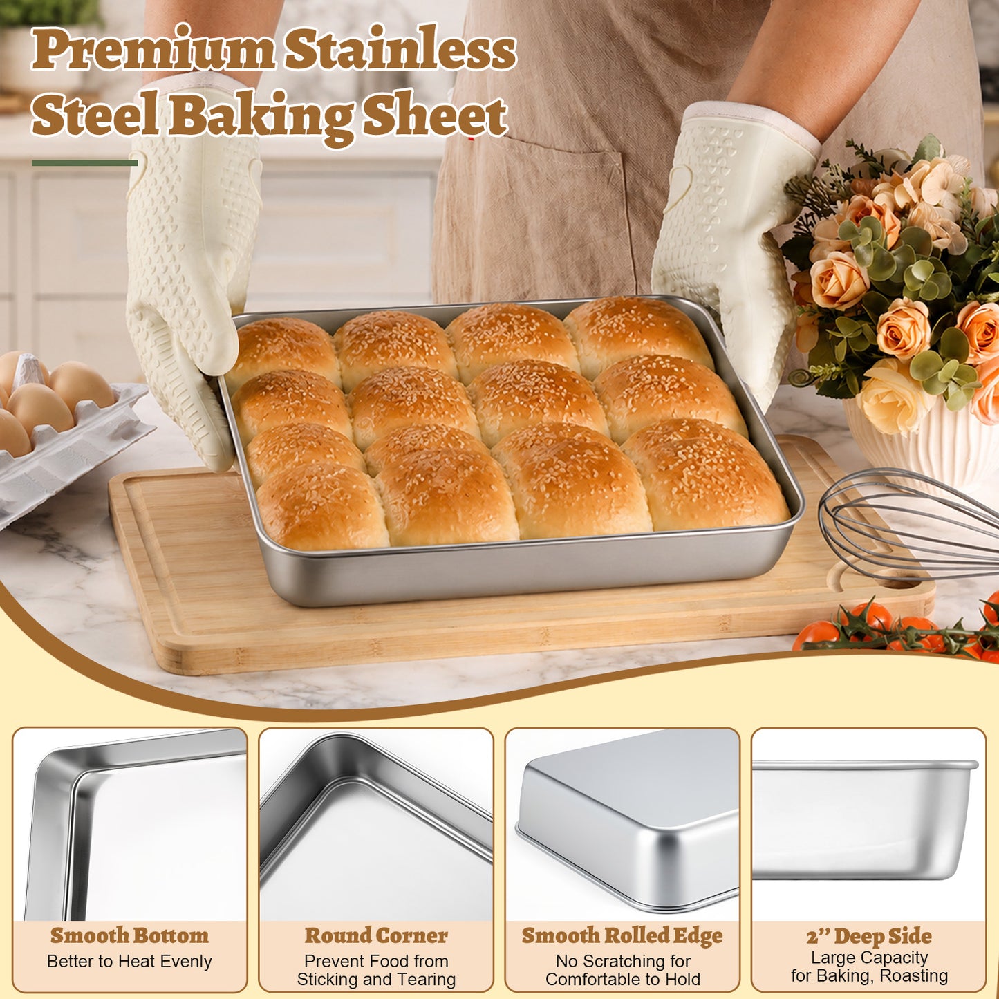Vesteel Baking Pan With Lid Set of 2, Stainless Steel Lasagna Pan with Cover, Rectangular Toaster Oven Pan for Cake Brownies Casseroles, 2 Inch Deep Side & Dishwasher Safe, 12.4” X 9.7”