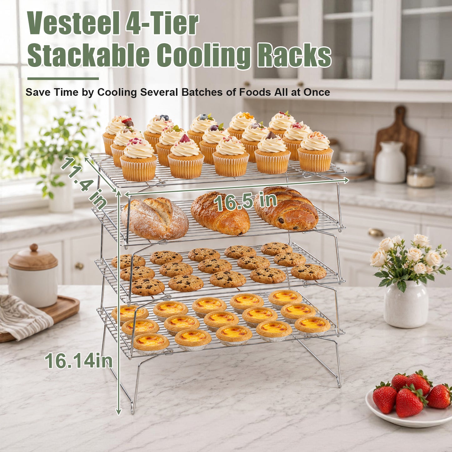 Vesteel 4-Tier Stainless Steel Cooling Racks, Stackable Baking Cooking Racks for Bread Cookie Cakes, Wire Racks with Folding Legs, Oven & Dishwasher Safe, 16.5’’ x 11.4’’