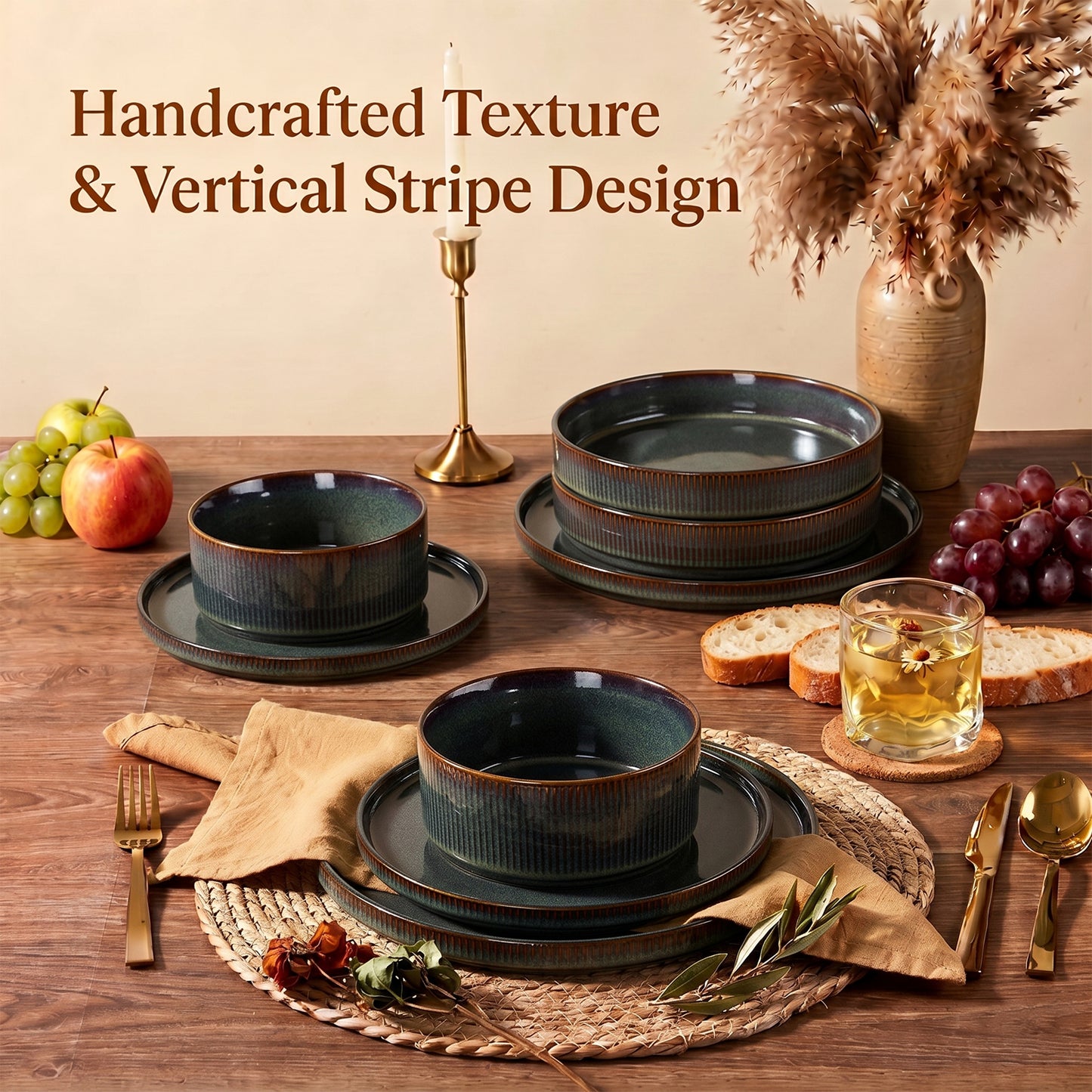 Onader 8-Piece Stoneware Dinnerware Set, Vertical Striped Reactive Glaze Plates and Bowls Sets for the Kitchen, Microwave & Dishwasher Safe, Blackish Green