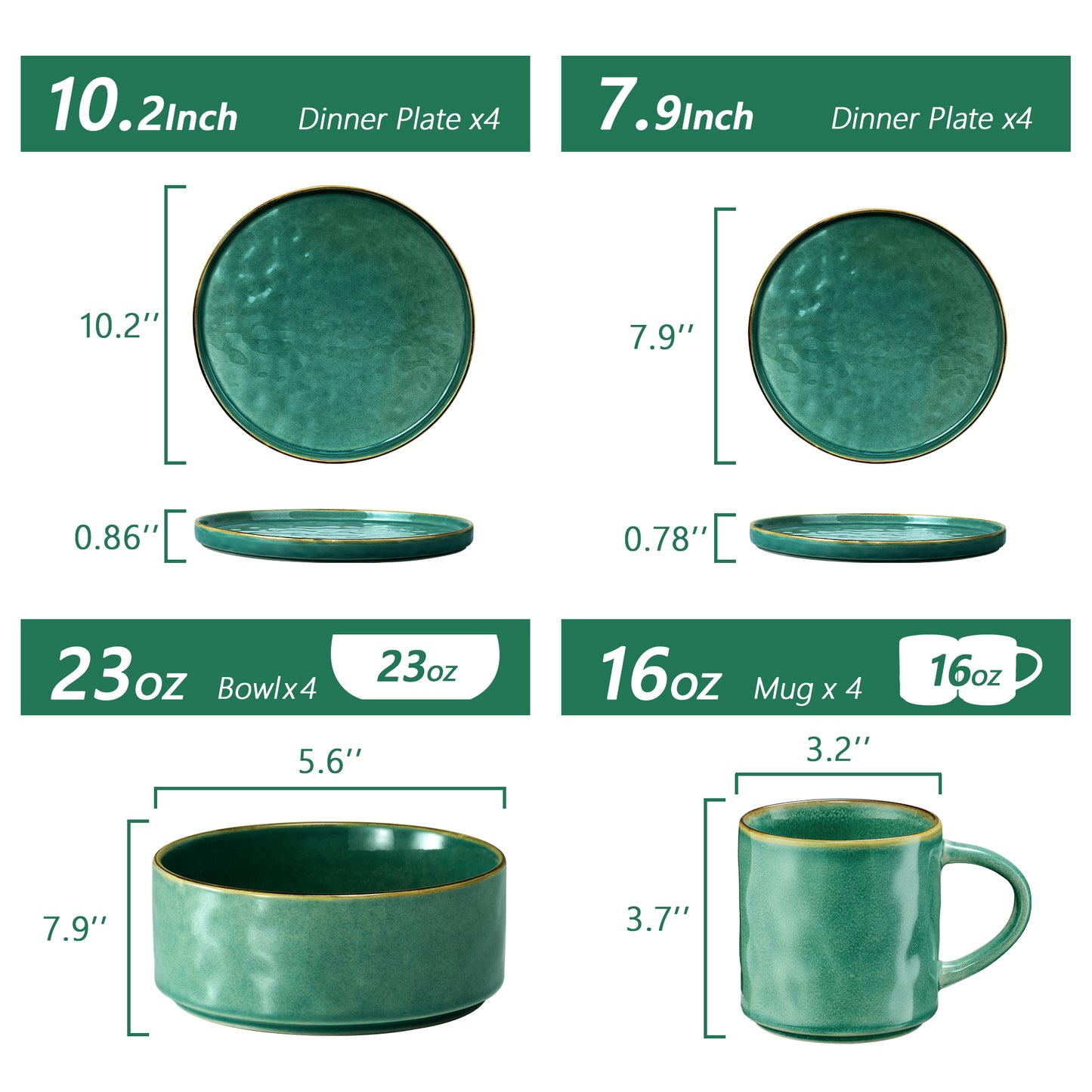 Vesteel 16-Piece Dinnerware Sets, Stoneware Dish and Bowls Set for 4, Handmade Reactive Glaze Coupe Plates Set, Chip & Scratch Resistant - Jade Green