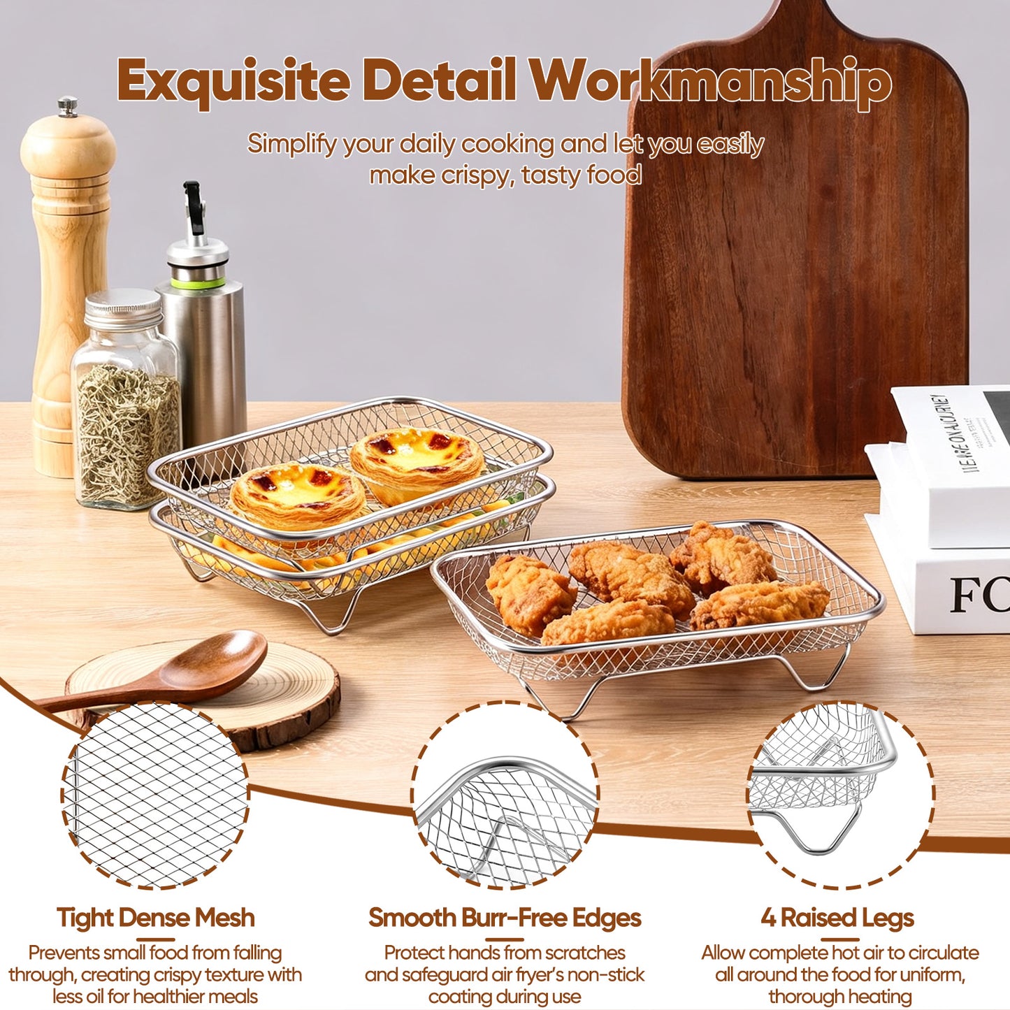 Vesteel Rectangular Air Fryer Racks, 3 Tier Stackable Air Fryer Basket Accessories, 7.7” x 5.3” Dehydrator Rack for Air Fryer Steamer Oven, Fits 4.5 -10 QT Air Fryer, Dishwasher Safe