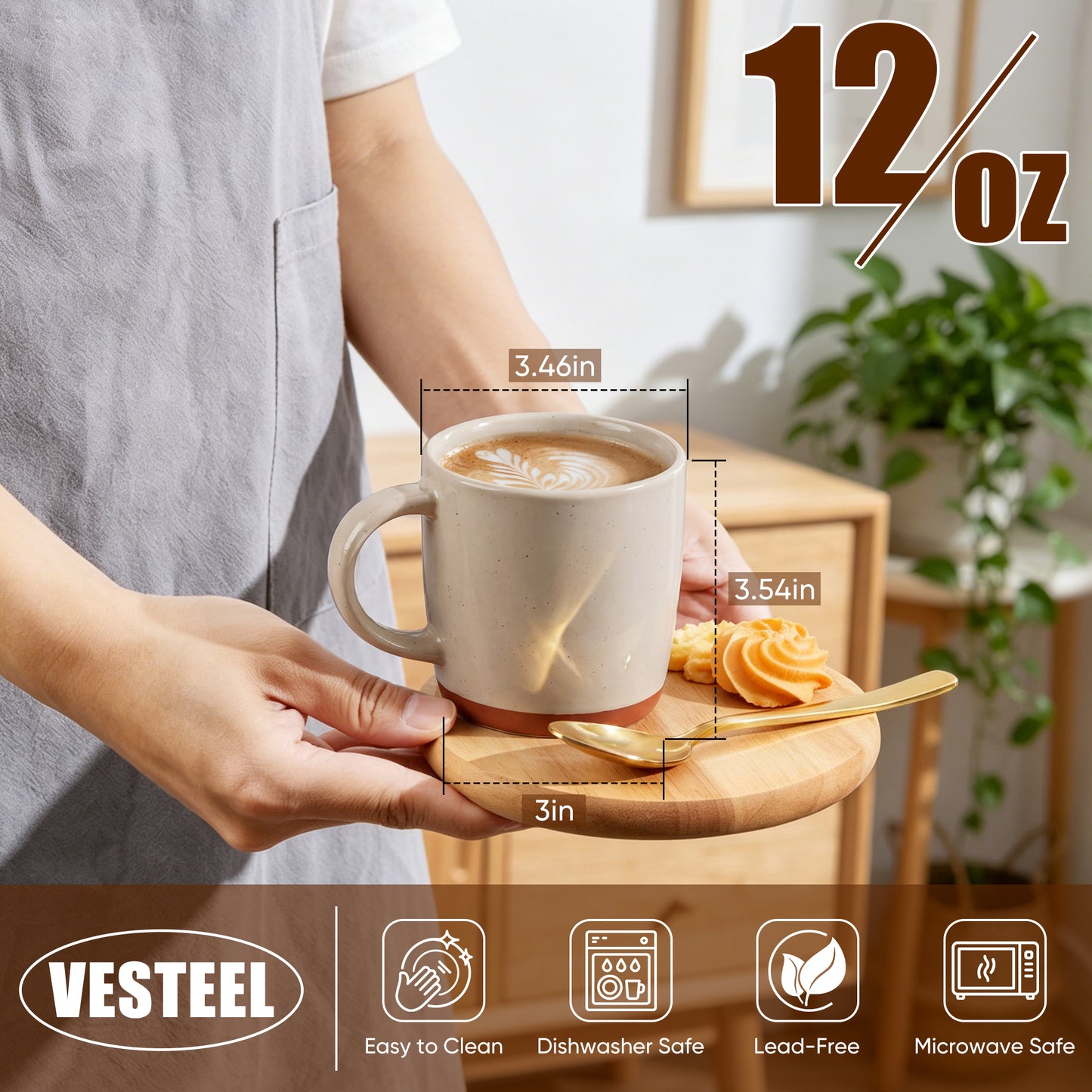 Vesteel Coffee Mugs Set of 4, 12oz Ceramic Coffee Cup with Handle, Modern Stoneware Mugs for Latte, Cappuccino, Cocoa, Dishwasher & Microwave Safe, Cappuccino Brown