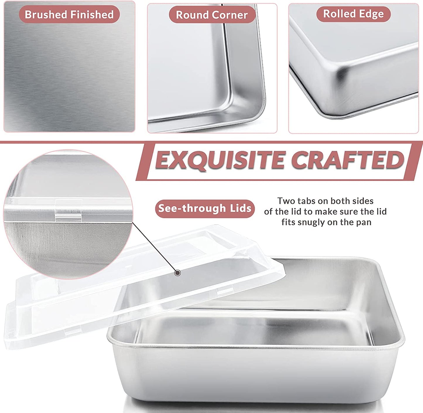 Vesteel 6-Piece Cake Pan with Lid (3 Pans + 3 Lids), Stainless Steel Square Baking Brownie Pans Bakeware Set