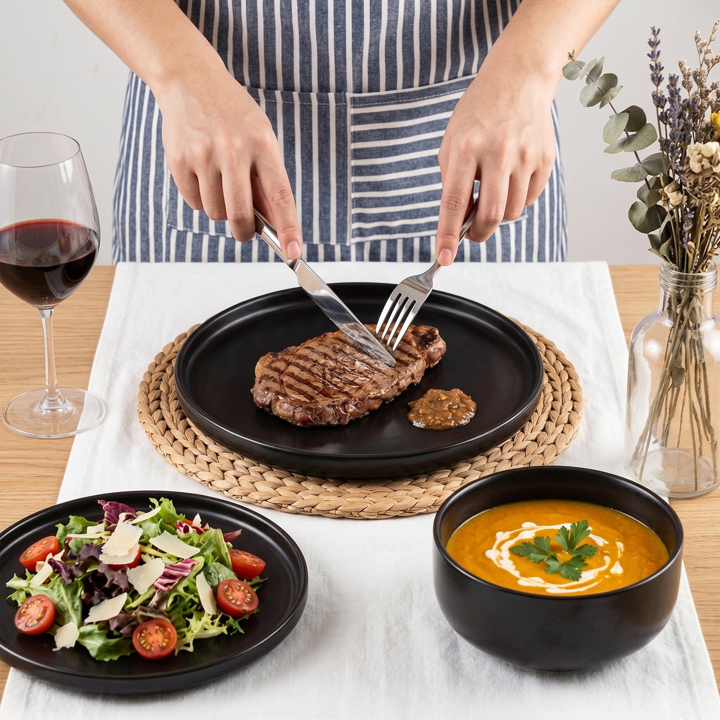 Onader 12 Piece Dinnerware Sets, Plates and Bowls Set for 4, Premium Stoneware Dishes Sets for Home Restaurant, Dishwasher & Microwave Safe - Matte Black