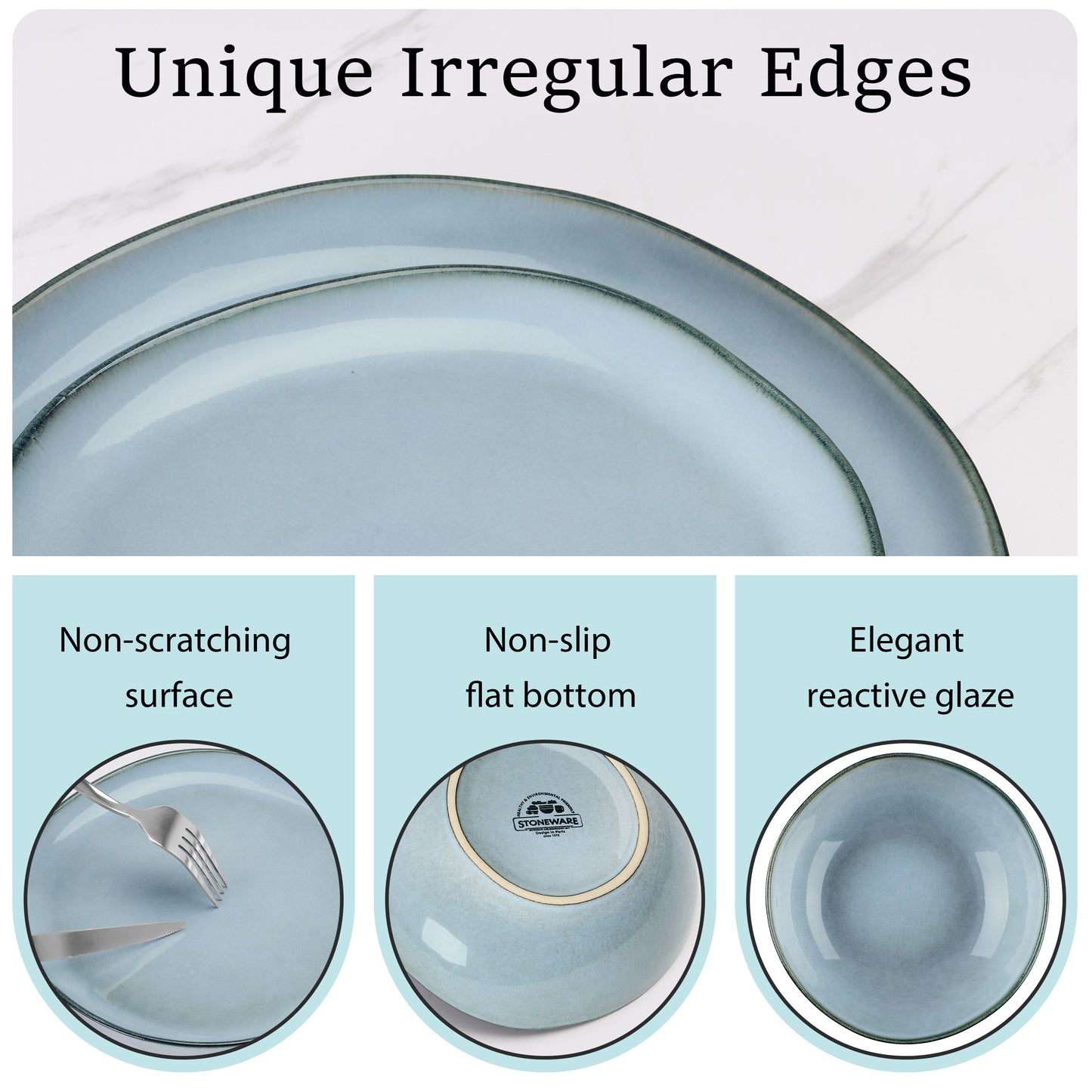 Onader 12 Piece Dinnerware Sets, Plates and Bowls Dish Set for 4, Irregular Handmade Dinner Ware Dishware for Kitchen Dinning, Microwave & Dishwasher Safe - Smoky Blue
