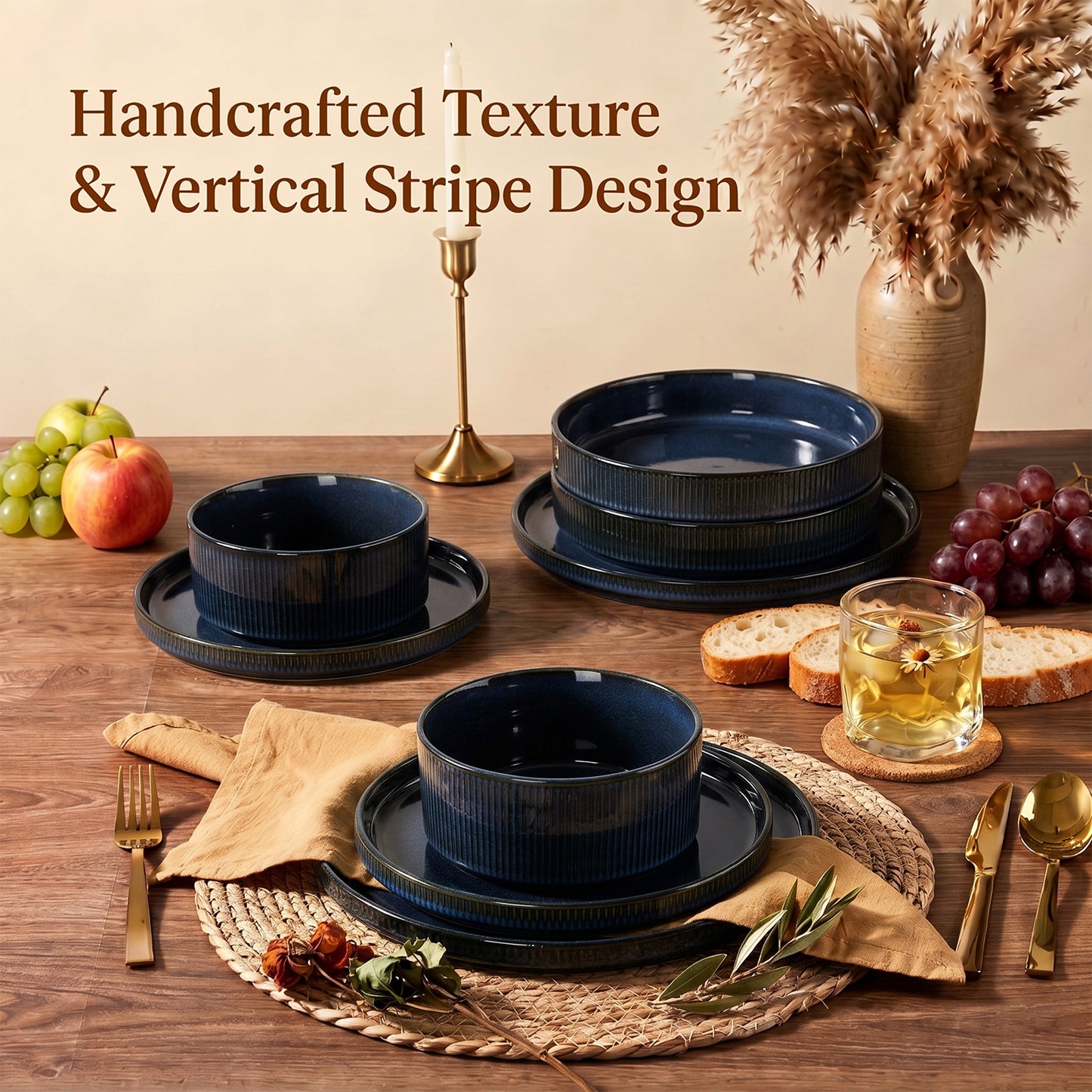 Onader 8-Piece Stoneware Dinnerware Set, Vertical Striped Reactive Glaze Plates and Bowls Sets for the Kitchen, Microwave & Dishwasher Safe, Starry Blue