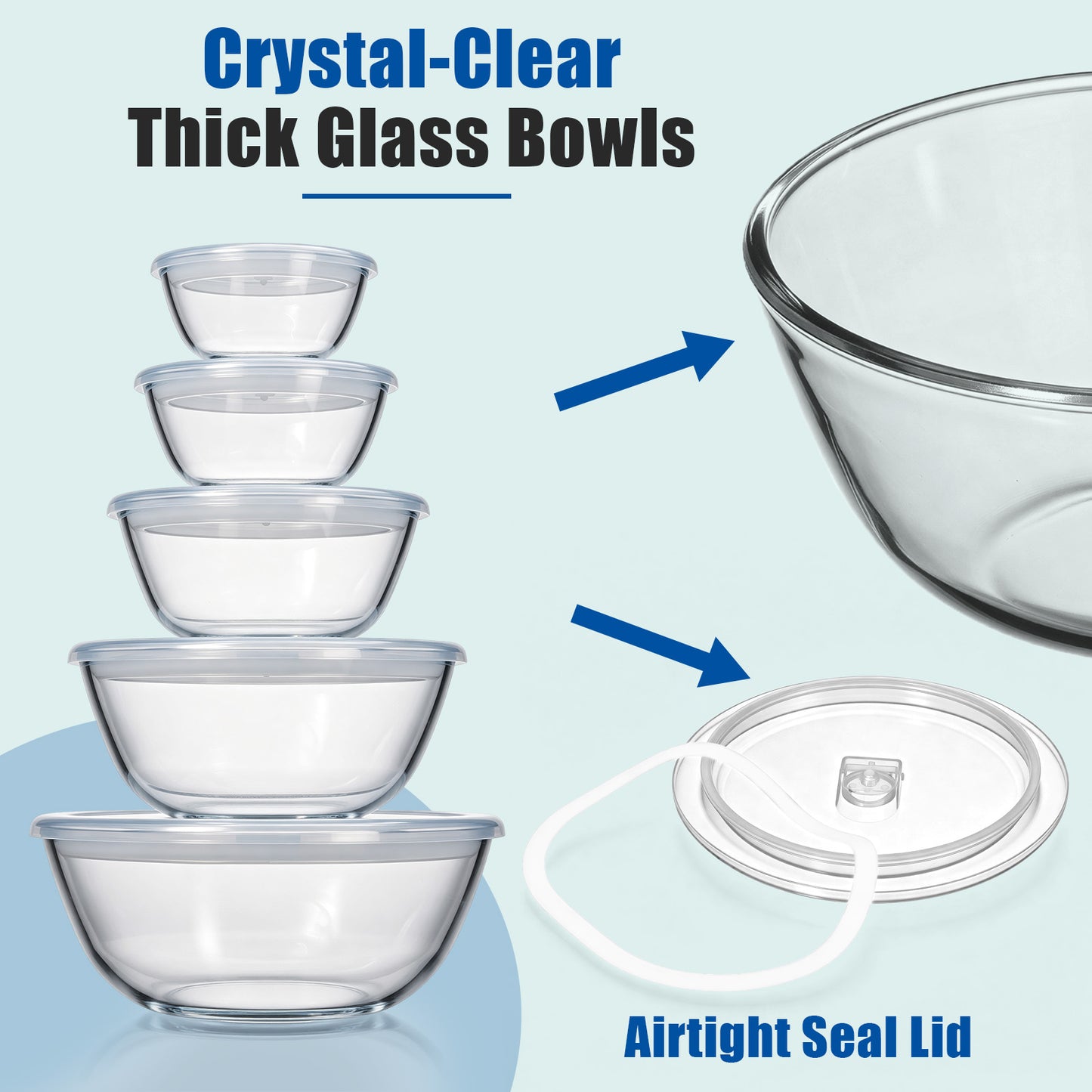 Vesteel 5Pcs Glass Mixing Bowls with Lids Set (4.8/2.9/1.7/0.8/0.5QT), Nesting  Large Salad Bowls with Airtight Vent Lid for Kitchen Cooking Baking Prepping, Dishwasher, Microwave & Freezer Safe