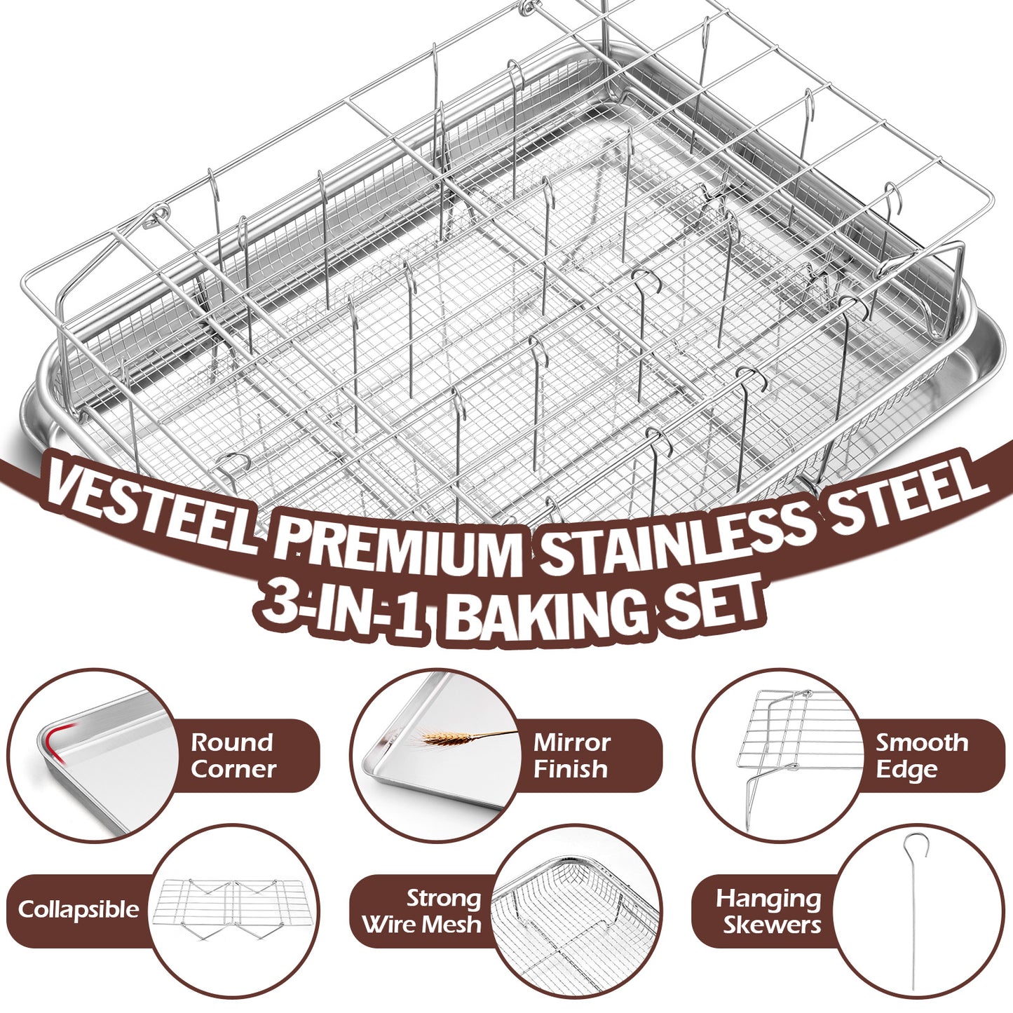 Vesteel 16 inch Air Fryer Pan with Basket Set of 4, Stainless Steel Air Fryer Grill Skewer Rack and 36Pcs Meat Skewers for Baking, Roasting, and Healthy Cooking, Dishwasher Safe