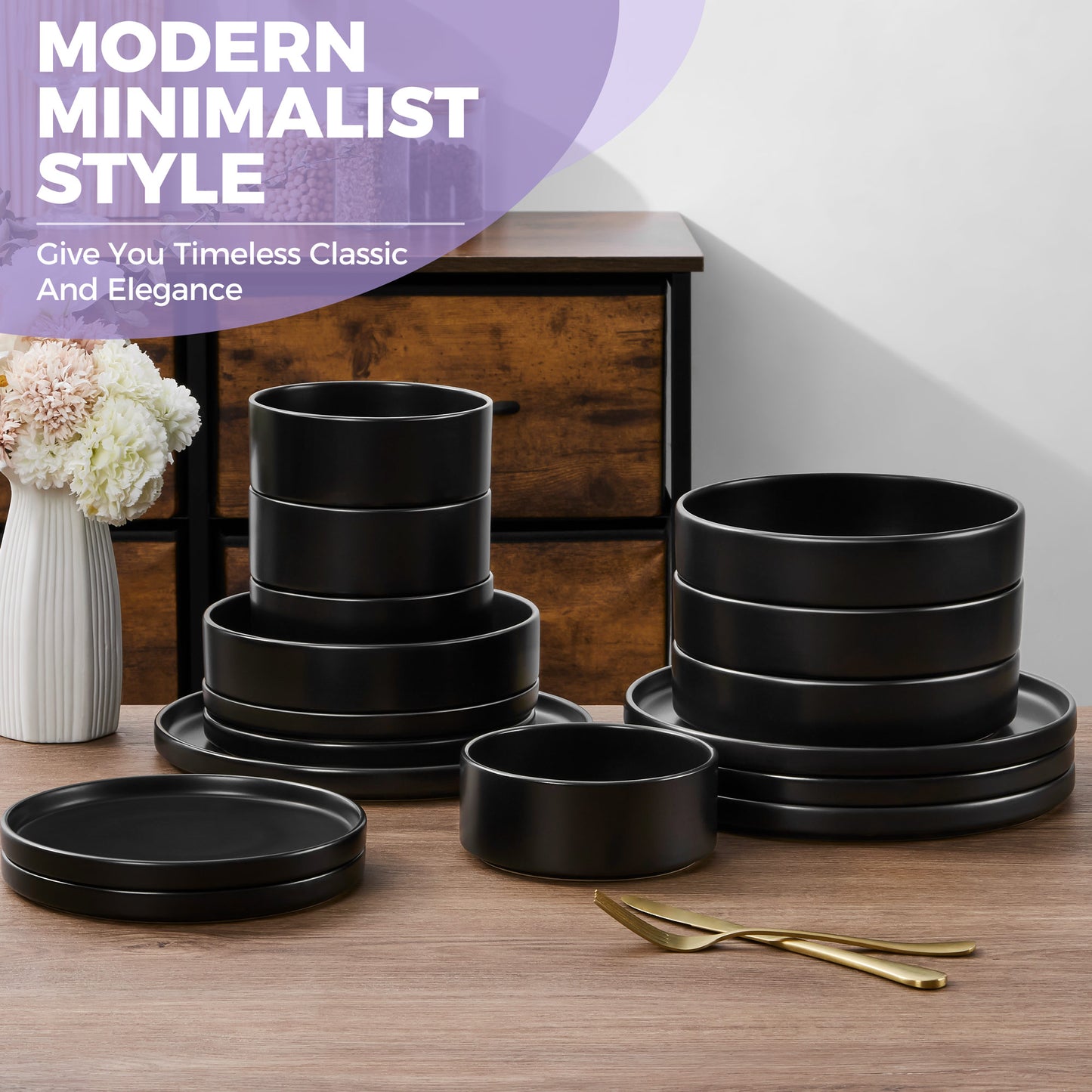 Vesteel 16 Pieces Dinnerware Sets, Premium Stoneware Dishes Set for 4, Speckled Plates and Bowls Set for Home Restaurant, Microwave and Dishwasher Safe - Matte Black