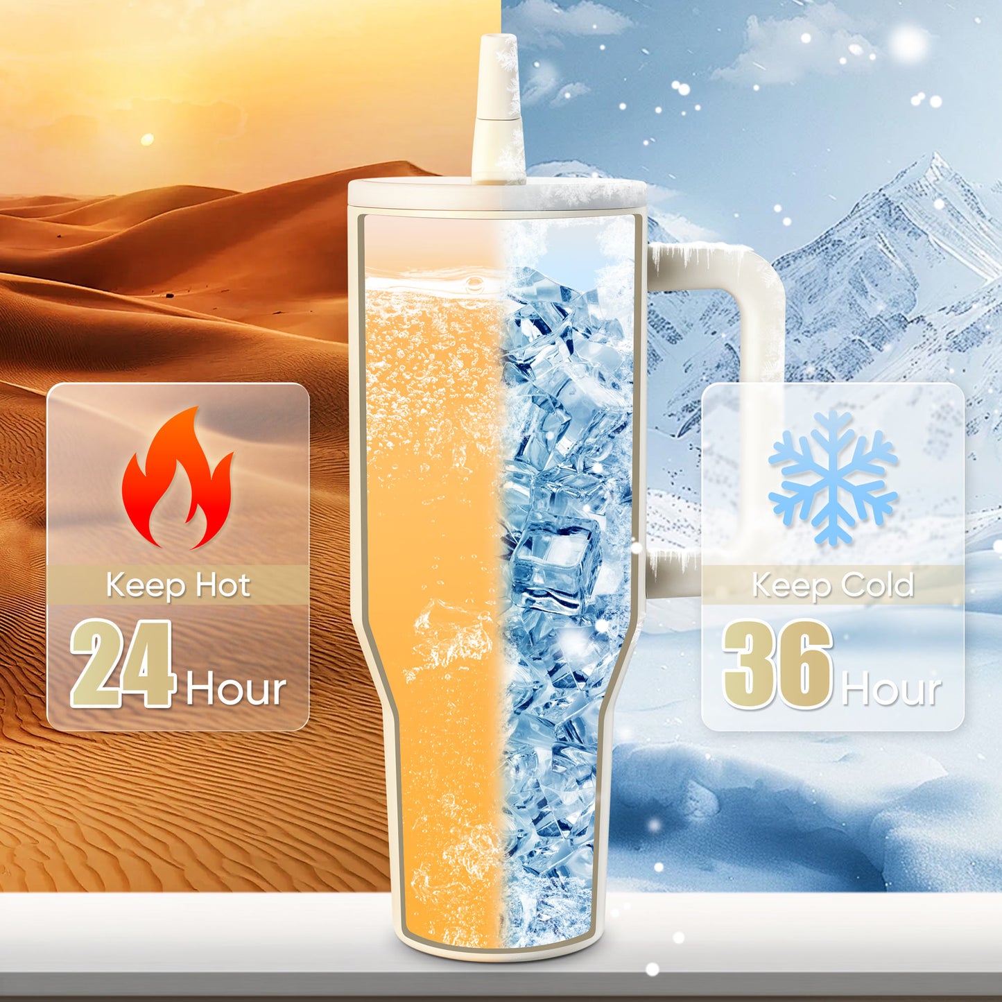 Vesteel 40 oz Stainless Steel Tumbler with Handle & Straw Lid, Vacuum Insulated Travel Mug, Leak Resistant Water Bottle for Water Ice Tea Coffee and Beverages, Gifts for Festival, Cream