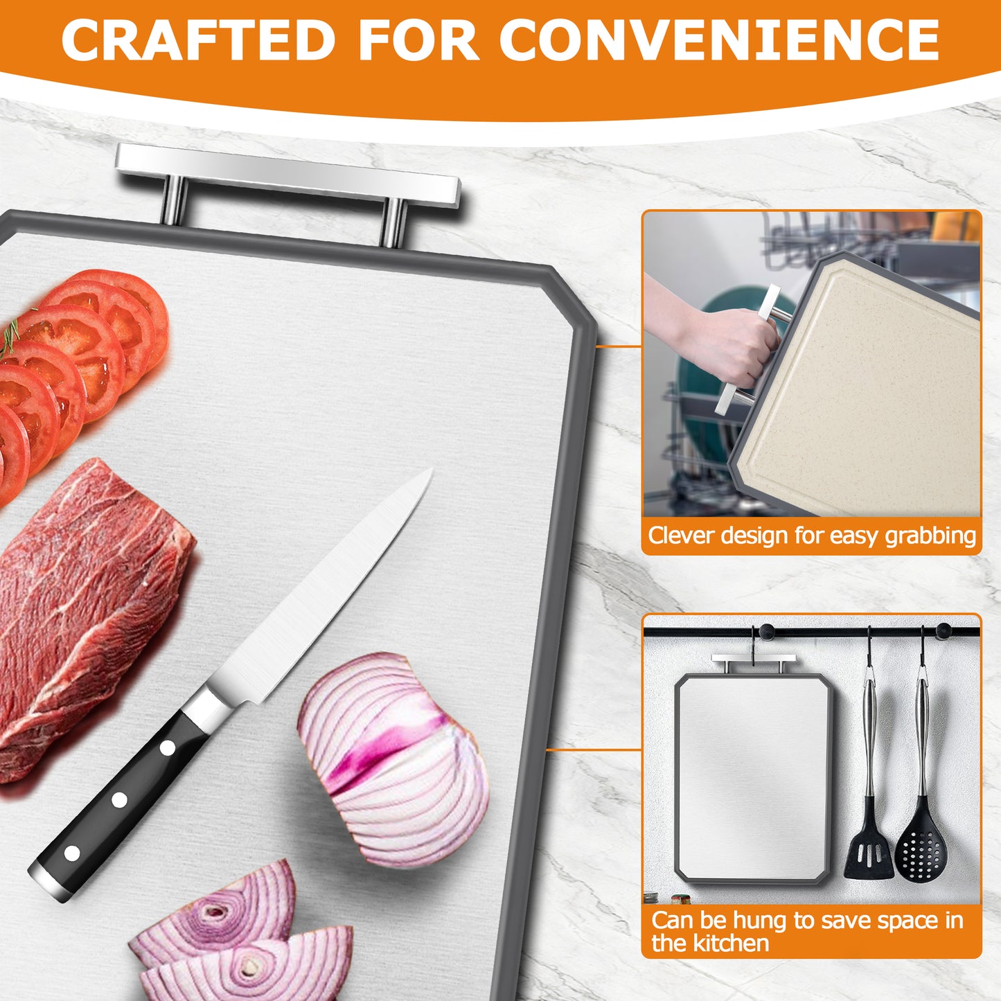 Vesteel Double Side Cutting Board, 16” x 11” Cutting Board with Stainless Steel Handle for Kitchen, Non Toxic Chopping Board for Meat and Vegetables, Dishwasher Safe & Scratch Resistant