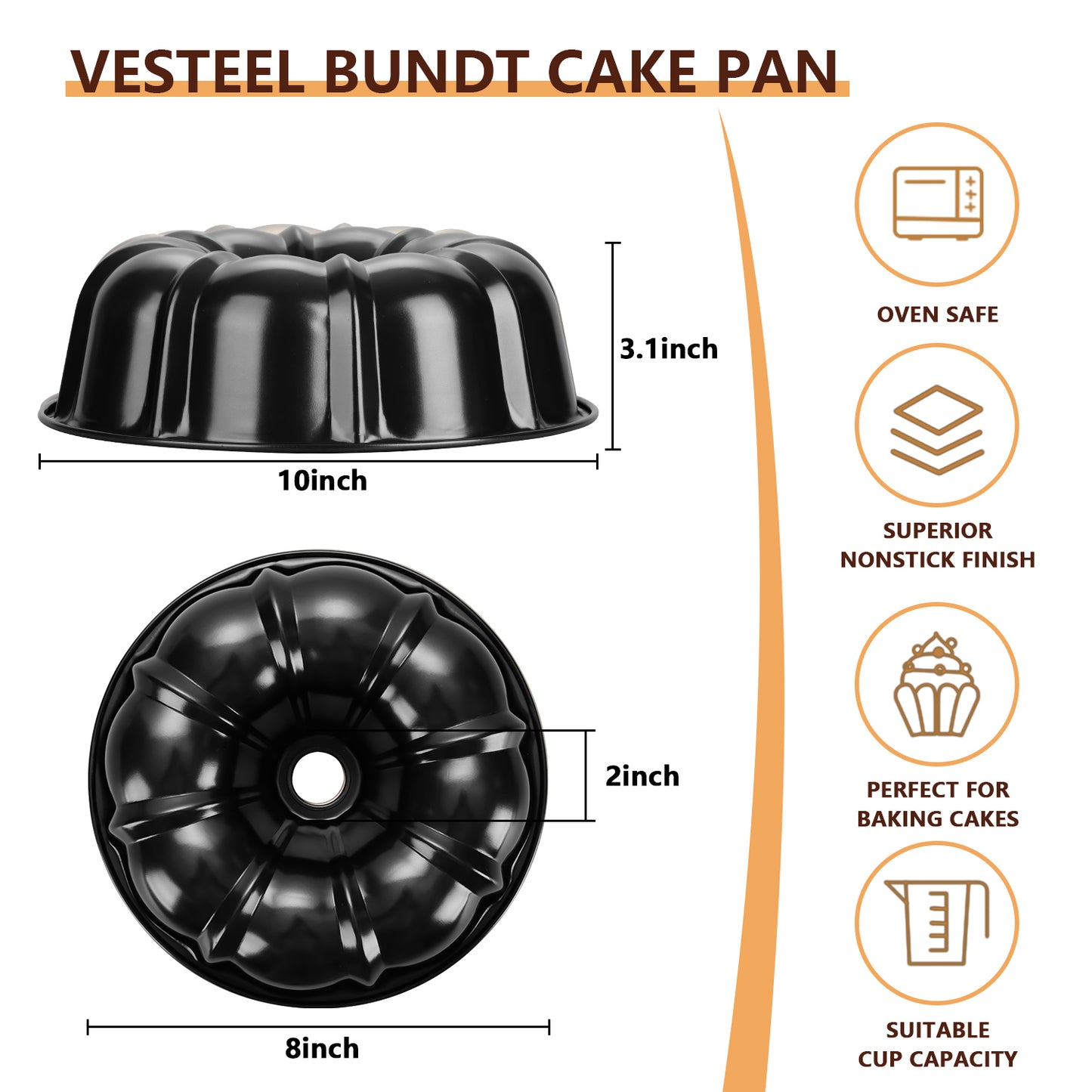 Vesteel 10 inch Bundt Cake Pan, Non-Stick Pan for Baking Brownie Flan Meatloaf, Carbon Steel Bakeware with Tube for Birthday Wedding Christmas Events, Heavy Duty & Durable - Black