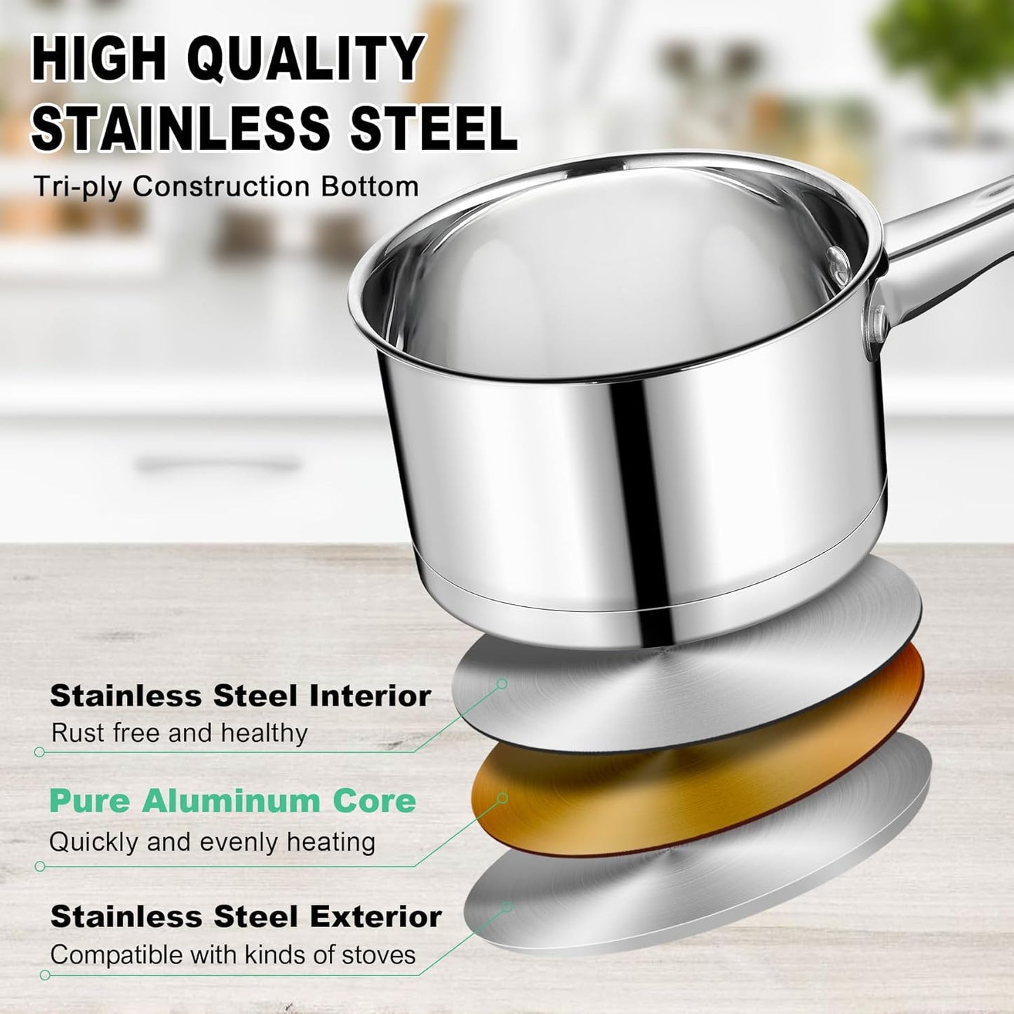 Vesteel 2QT Saucepan with Lid, Stainless Steel Small Sauce Pan, Tri-ply Composite Bottom, Heavy Duty Induction Cooking Pot for Warming Milk, Making Pasta, Boiling Soup, Dishwasher Safe