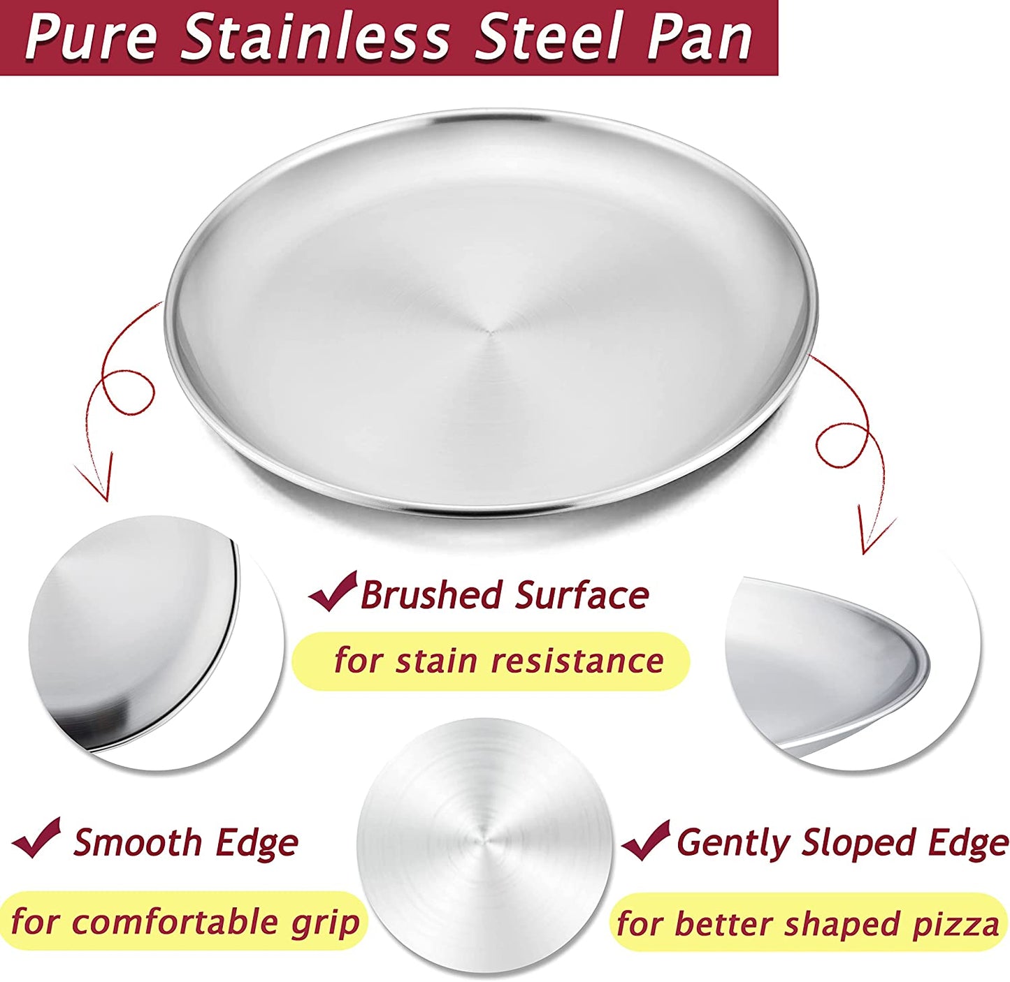 Vesteel 12 inch Stainless Steel Round Pizza Pan Set of 3, Large Healthy Pizza Tray Platter for Oven Baking Serving, Dishwasher Safe