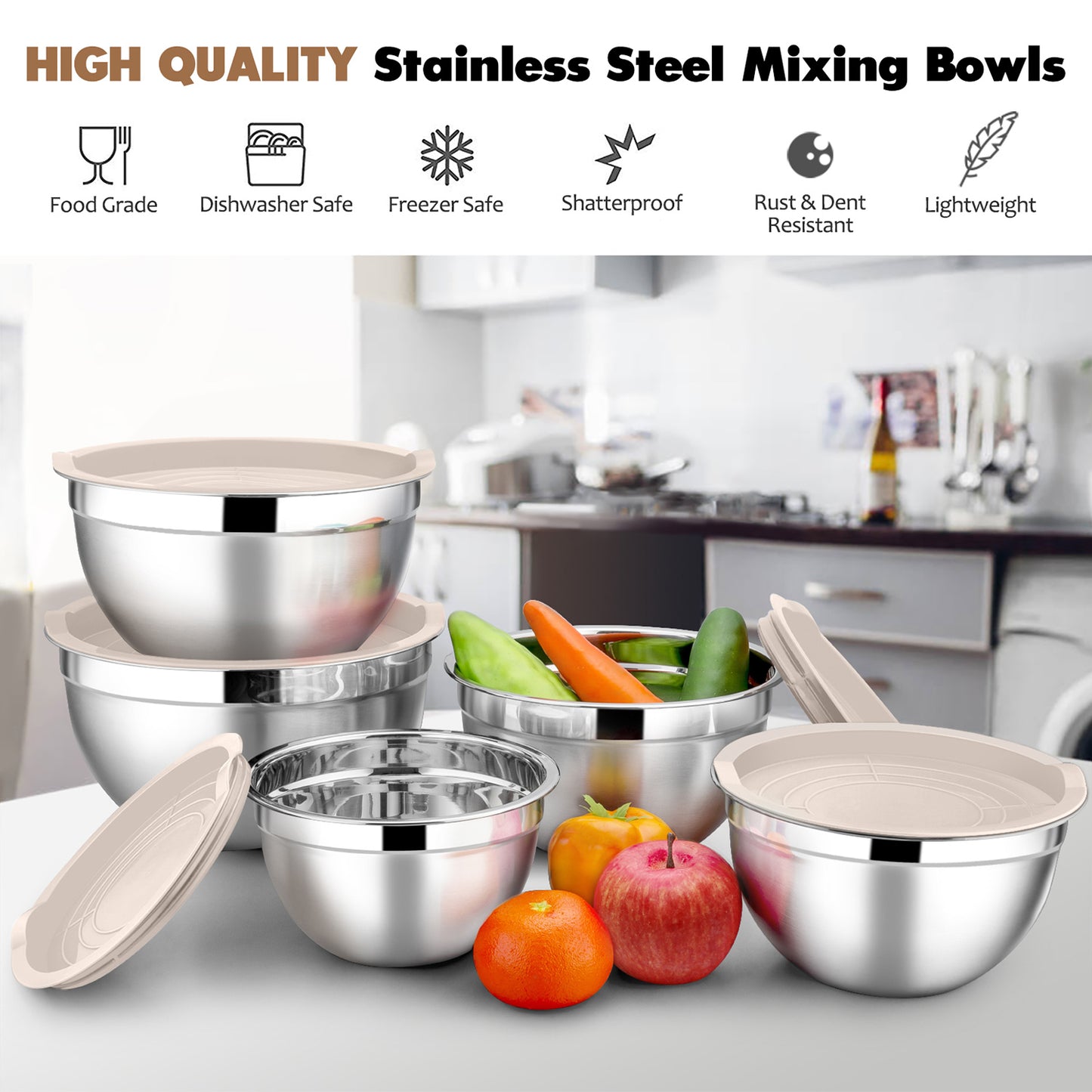 Mixing Bowls with Lids Set of 5, Vesteel Stainless Steel Mixing Bowls Metal Nesting Salad Bowls, Size 4.5, 3, 1.5, 1, 0.7 QT Great for Cooking, Baking, Serving - Khaki