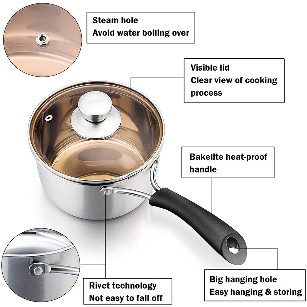 VeSteel 2QT Saucepan, Stainless Steel 2 Quart Saucepan with Lid, Multipurpose Sauce Pan for Kitchen Restaurant Cooking, Visible Glass lid & Heat-Proof Handles, Rust Resistant & Dishwasher Safe