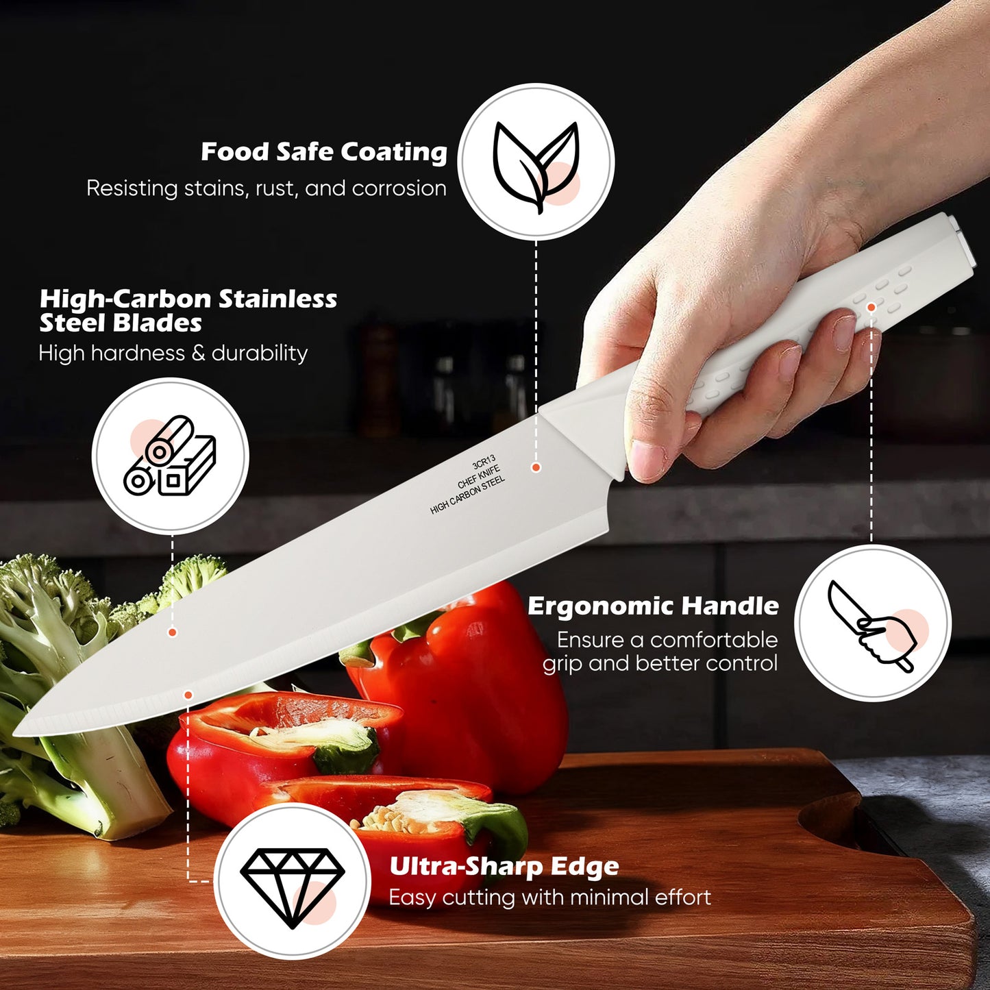 Vesteel Knife Block Set for Kitchen, 15-Piece High Carbon Stainless Steel Knives Set with Ergonomic Handle, Ultra-sharp & Rust Resistant, White