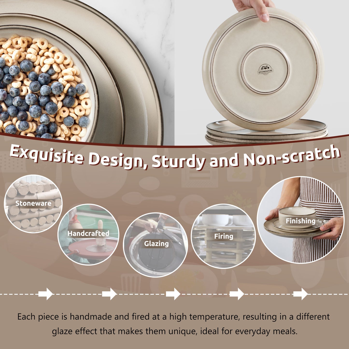 Onader 12 Piece Dinnerware Sets, Plates and Bowls Set for 4, Handmade Stoneware Dishes Sets for Home Restaurant, Dishwasher & Microwave Safe - Khaki