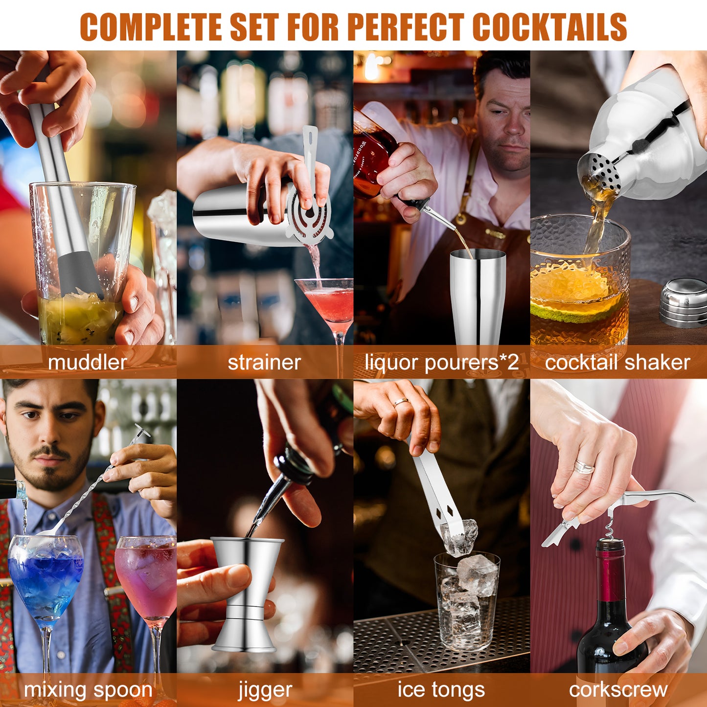 Vesteel Cocktail Shaker Set, 10Pcs Mixology Bartender Kit with Bamboo Stand, Bar Tool Set for Cocktail with Shaker, Jigger & Muddler, Bar Set, Silver