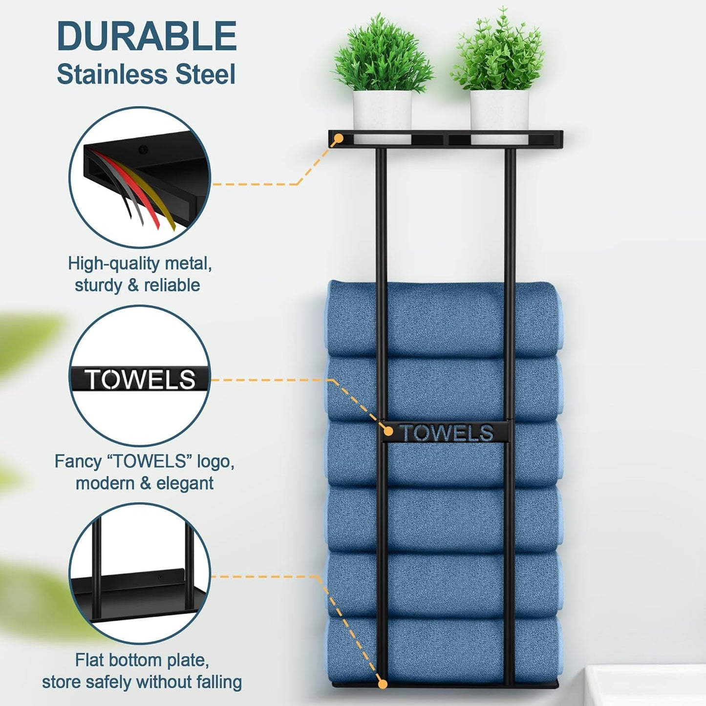 Vesteel Towel Racks for Bathroom, Wall Mounted Metal Black Towel Holder, 30 Inch Bath Rack Storage Organizer for Rolled Towels, Vertical Rack with Shelf Hold Up 6 Large Bath Towel for Small Bathroom