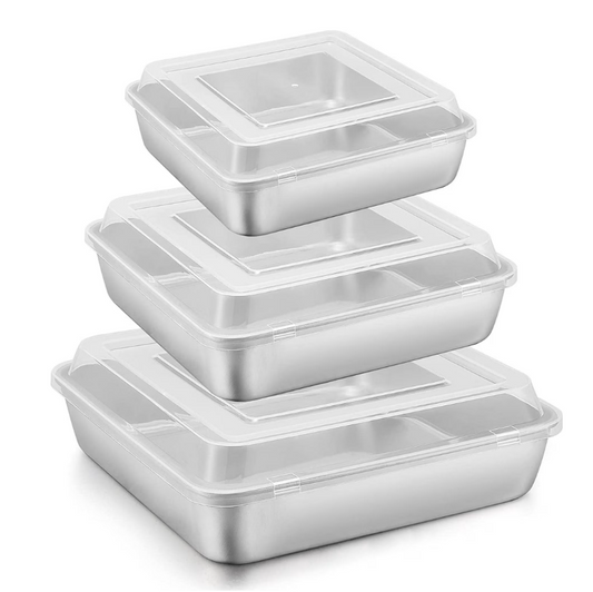 Vesteel 6-Piece Cake Pan with Lid (3 Pans + 3 Lids), Stainless Steel Square Baking Brownie Pans Bakeware Set