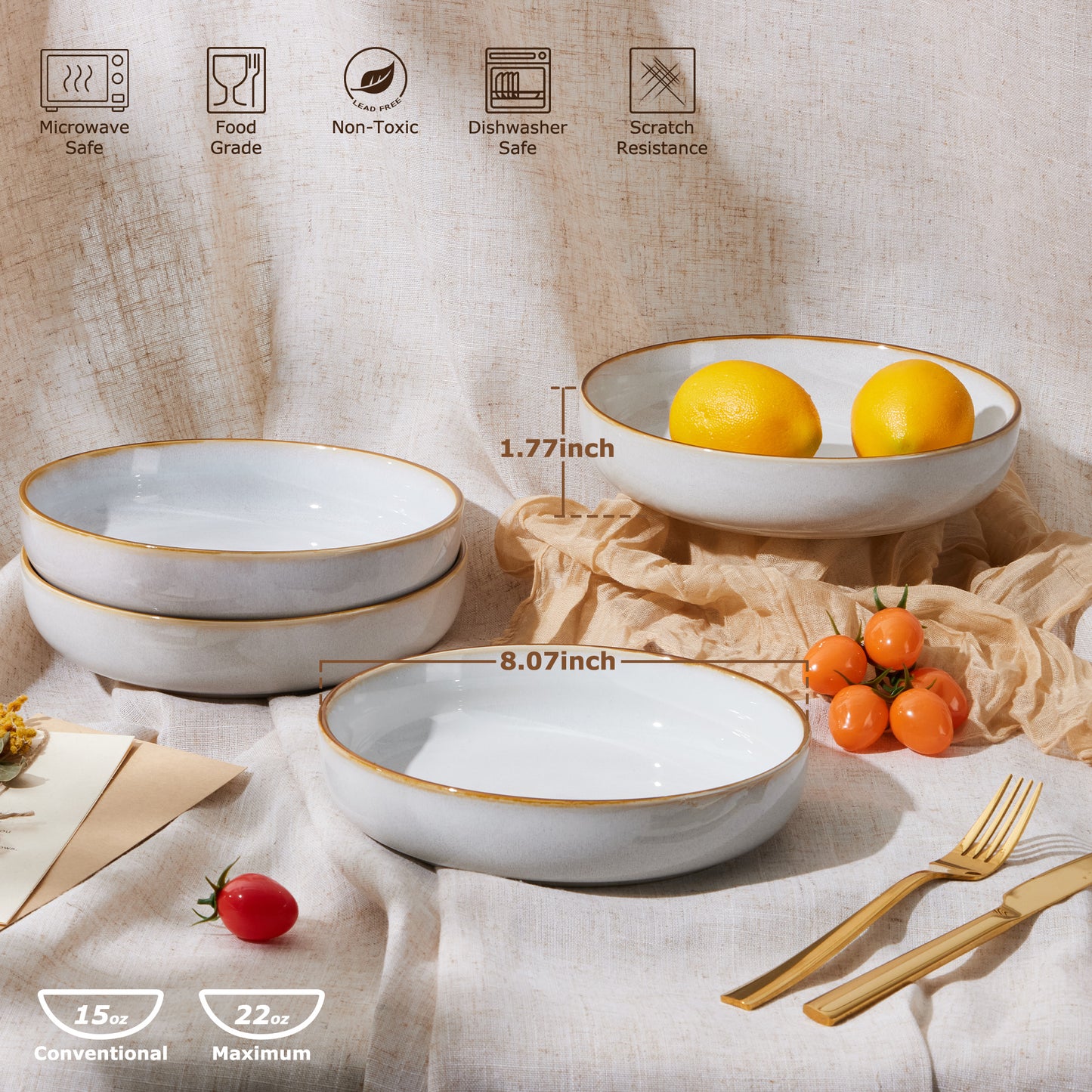 Vesteel Pasta Bowl Set of 4, 22oz Stoneware Salad Pasta Serving Bowls for Soup Dinner Cereal, Microwave & Dishwasher Safe, Seashell White