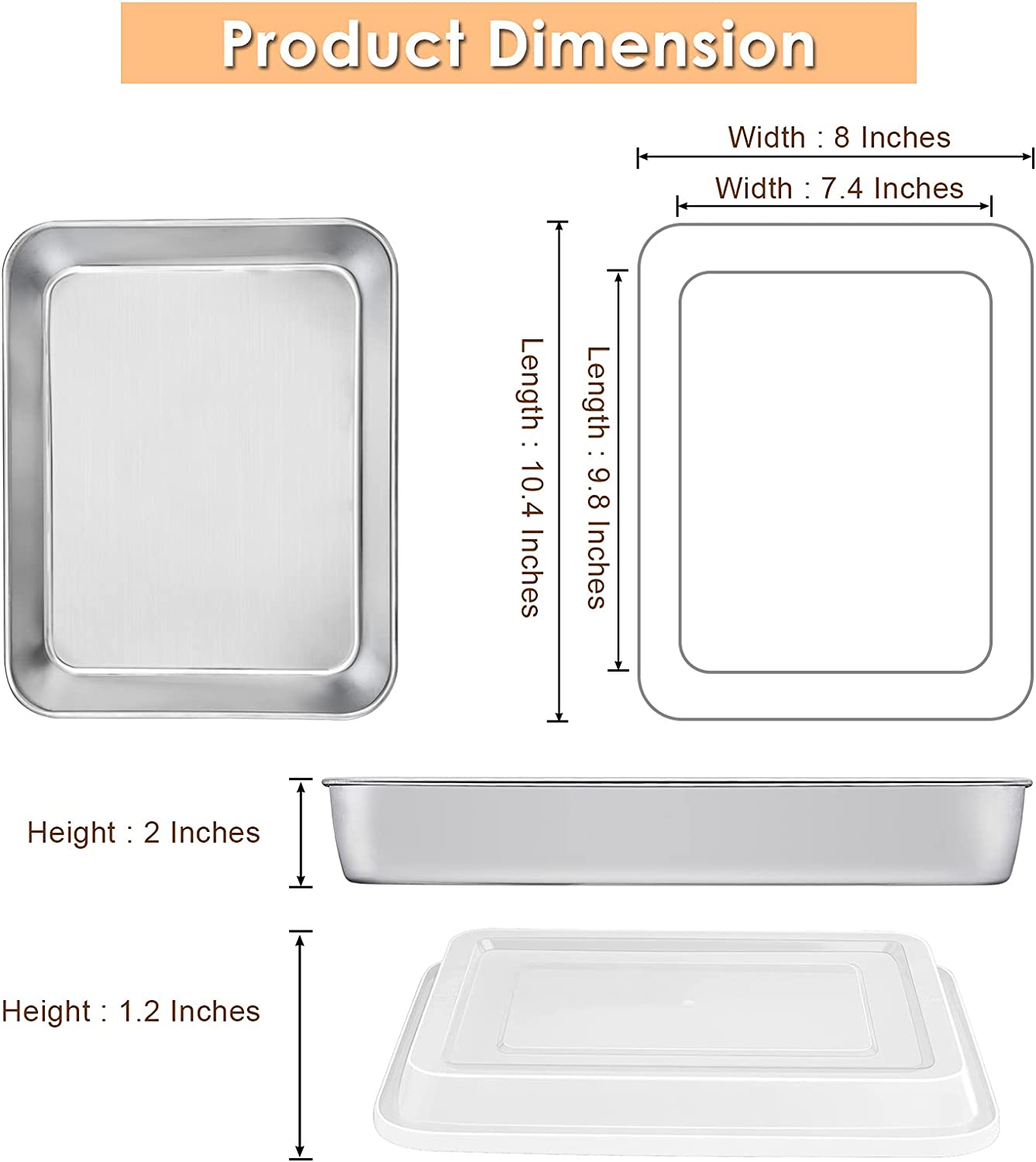 Toaster Oven Baking Pan with Lid, Vesteel 10.4”x 8”x 2” Stainless Steel Rectangle Sheet Cake Pans with Covers, Small Bakeware for Cakes Brownies Casseroles, Non-toxic & Dishwasher Safe