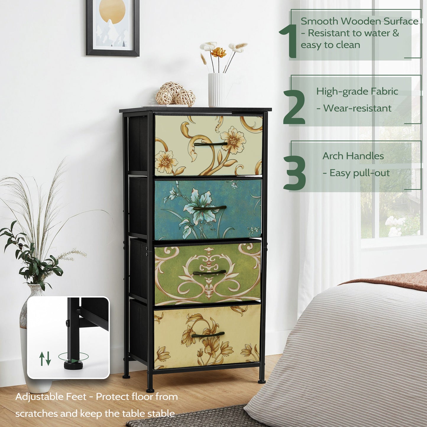 4 Drawers Dresser for Bedroom, Vesteel Fabric Chest of Drawers Tall Storage Tower with Wood Top and Sturdy Steel Frame, Storage Organizer Unit for Closet, Living Room, Hallway - Retro Floral