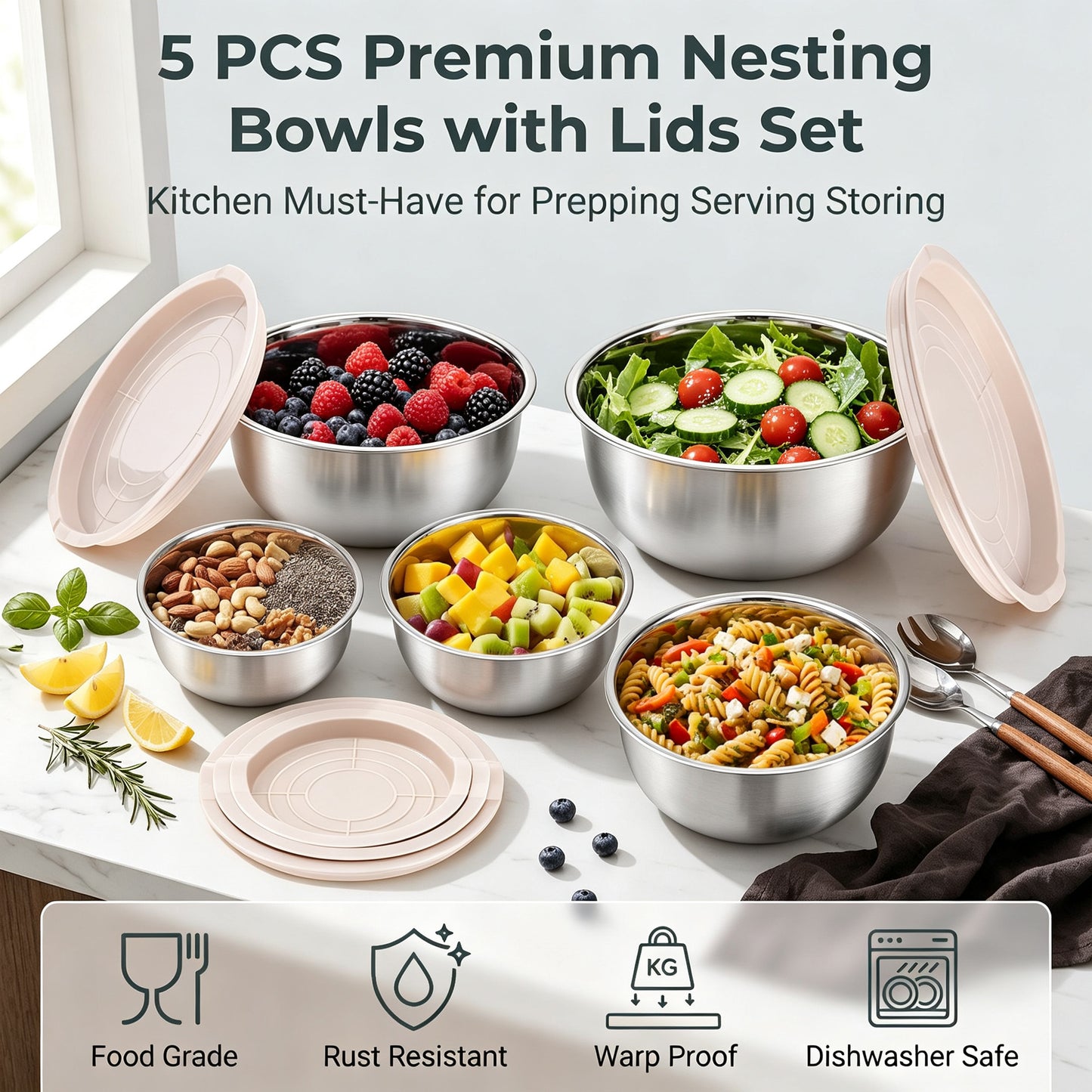 Vesteel Stainless Steel Mixing Bowls, 5 Piece Metal Nesting Bowls with Airtight Lids, Stackable Salad Bowls for Baking, Prepping & Serving, Dishwasher Safe, 5/3/1.7/1.2/0.8 QT, Khaki